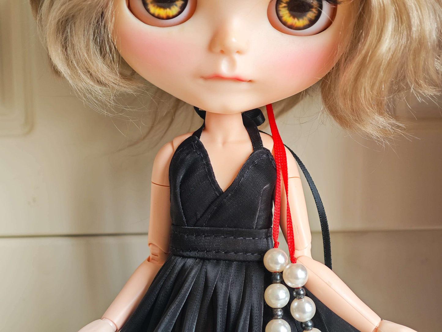 Black V-Neck Layered Ruffle Doll Dress Blythe Outfit | Handmade Doll Clothes for OB22 & OB24