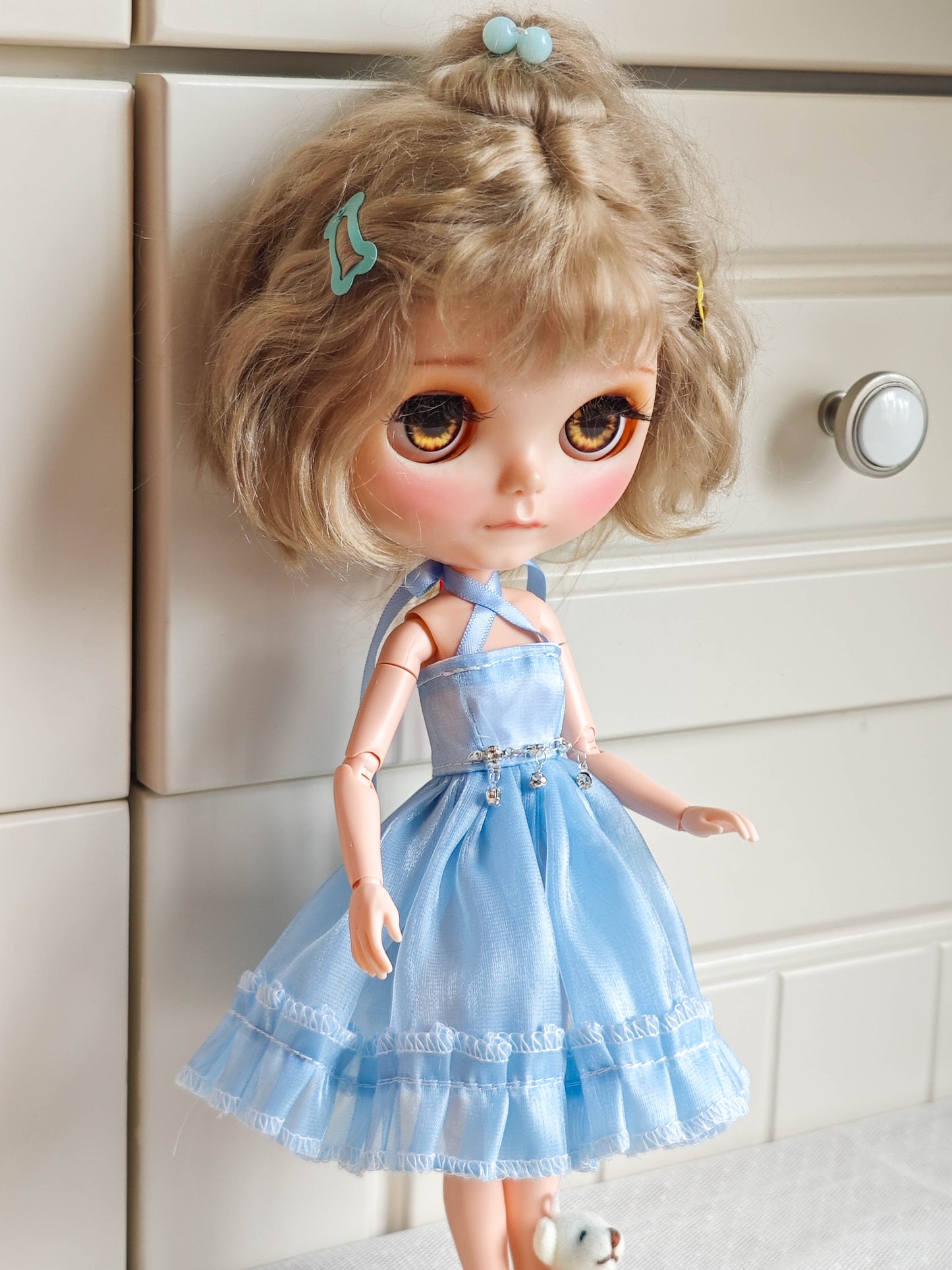 Blue Cross-Strap Ruffle Doll Dress Blythe Outfit | Handmade Doll Clothes for OB22 & OB24