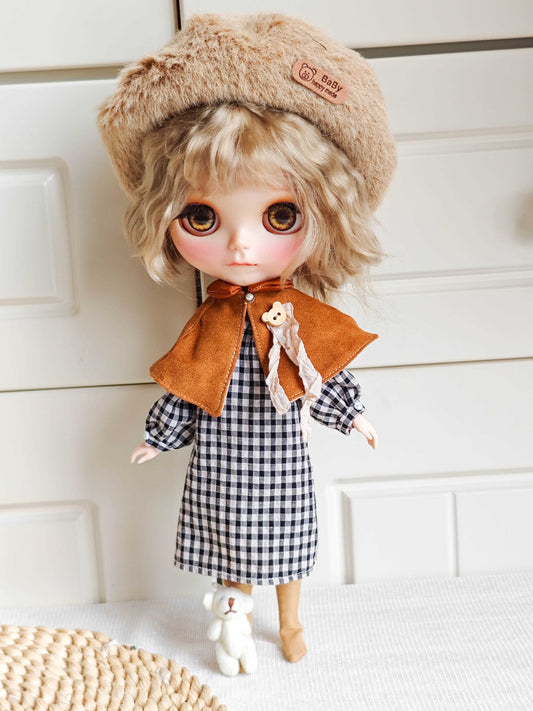 Plaid Dress with Beret & Cape Set  Blythe Outfit | Handmade Doll Clothes for OB22 & OB24