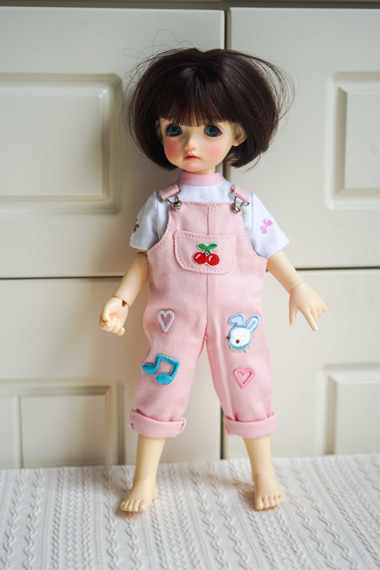 Cherry Patch Corduroy Overalls Set for 1/6 BJD YoSD Dolls, Handmade Pink Dungarees and Floral Tee Doll Outfit
