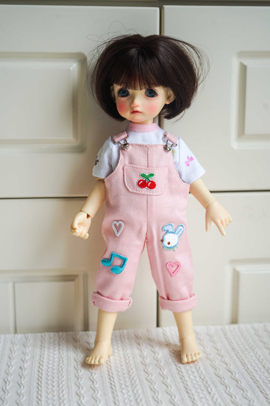 Cherry Patch Corduroy Overalls Set for 1/6 BJD YoSD Dolls, Handmade Pink Dungarees and Floral Tee Doll Outfit