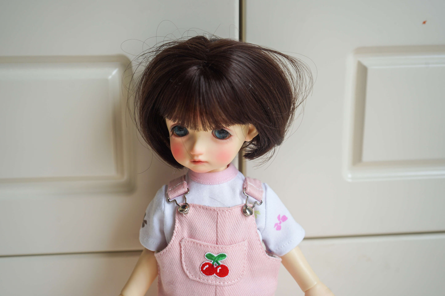 Cherry Patch Corduroy Overalls Set for 1/6 BJD YoSD Dolls, Handmade Pink Dungarees and Floral Tee Doll Outfit