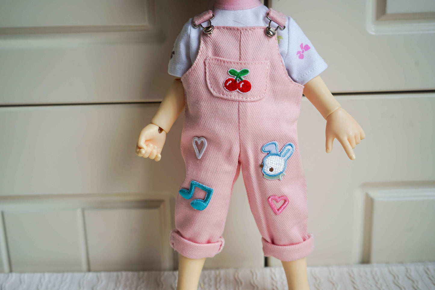 Cherry Patch Corduroy Overalls Set for 1/6 BJD YoSD Dolls, Handmade Pink Dungarees and Floral Tee Doll Outfit
