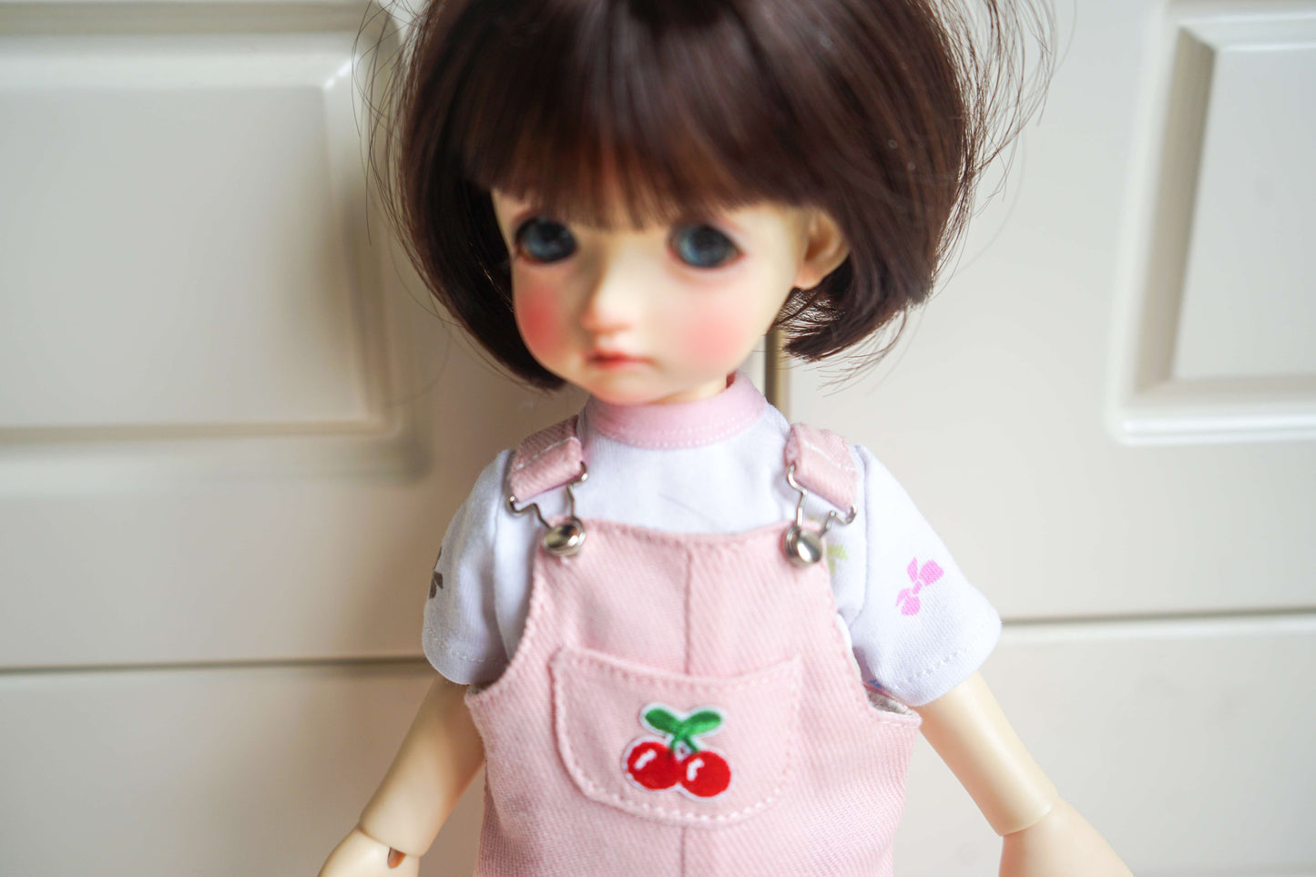 Cherry Patch Corduroy Overalls Set for 1/6 BJD YoSD Dolls, Handmade Pink Dungarees and Floral Tee Doll Outfit
