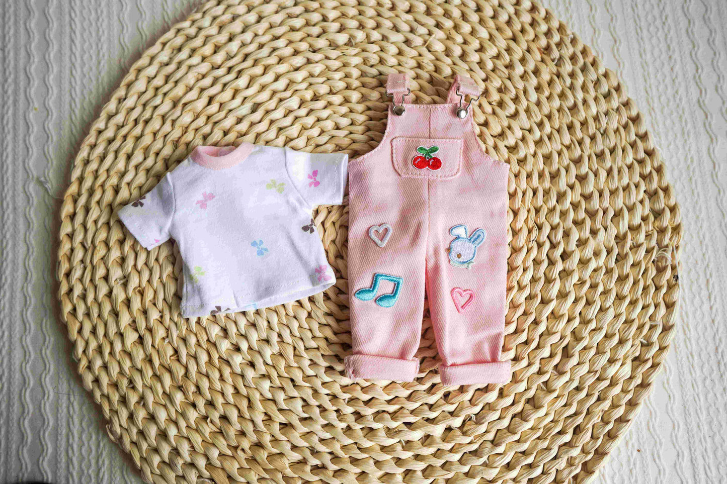 Cherry Patch Corduroy Overalls Set for 1/6 BJD YoSD Dolls, Handmade Pink Dungarees and Floral Tee Doll Outfit