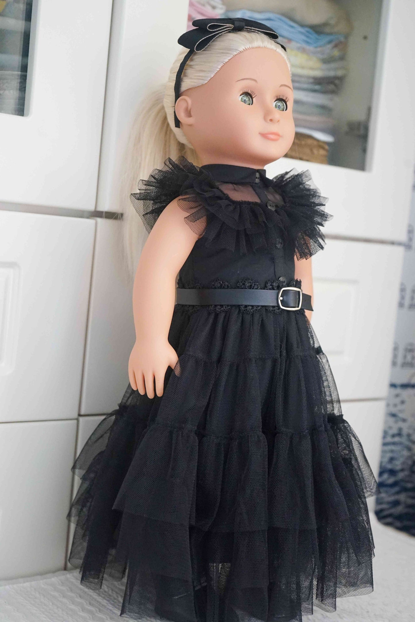 5Pcs Wednesday Costume Halloween Party Dress Gothic Black Tiered Tulle Dress Set for 18 Inch Dolls