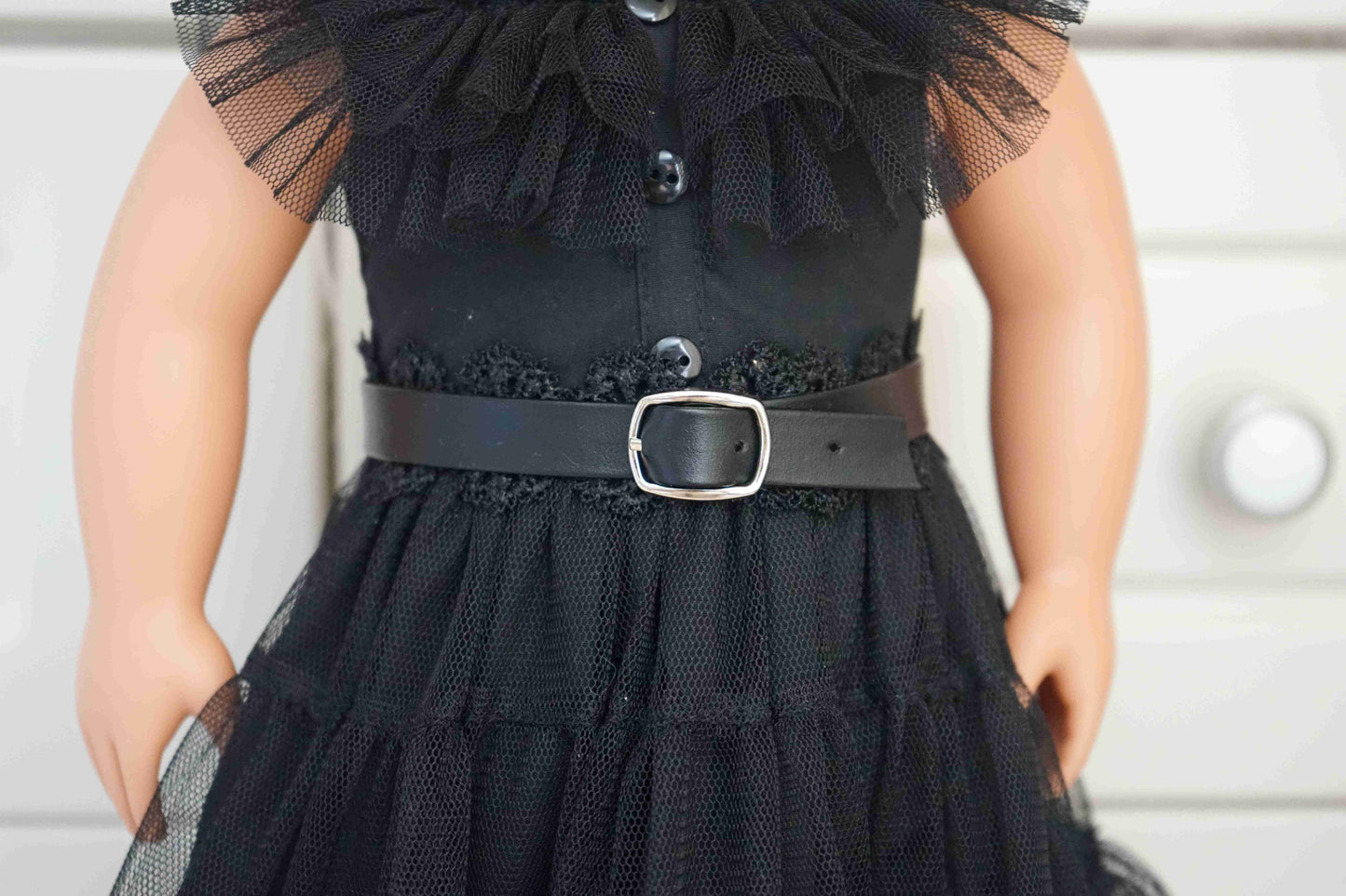 5Pcs Wednesday Costume Halloween Party Dress Gothic Black Tiered Tulle Dress Set for 18 Inch Dolls