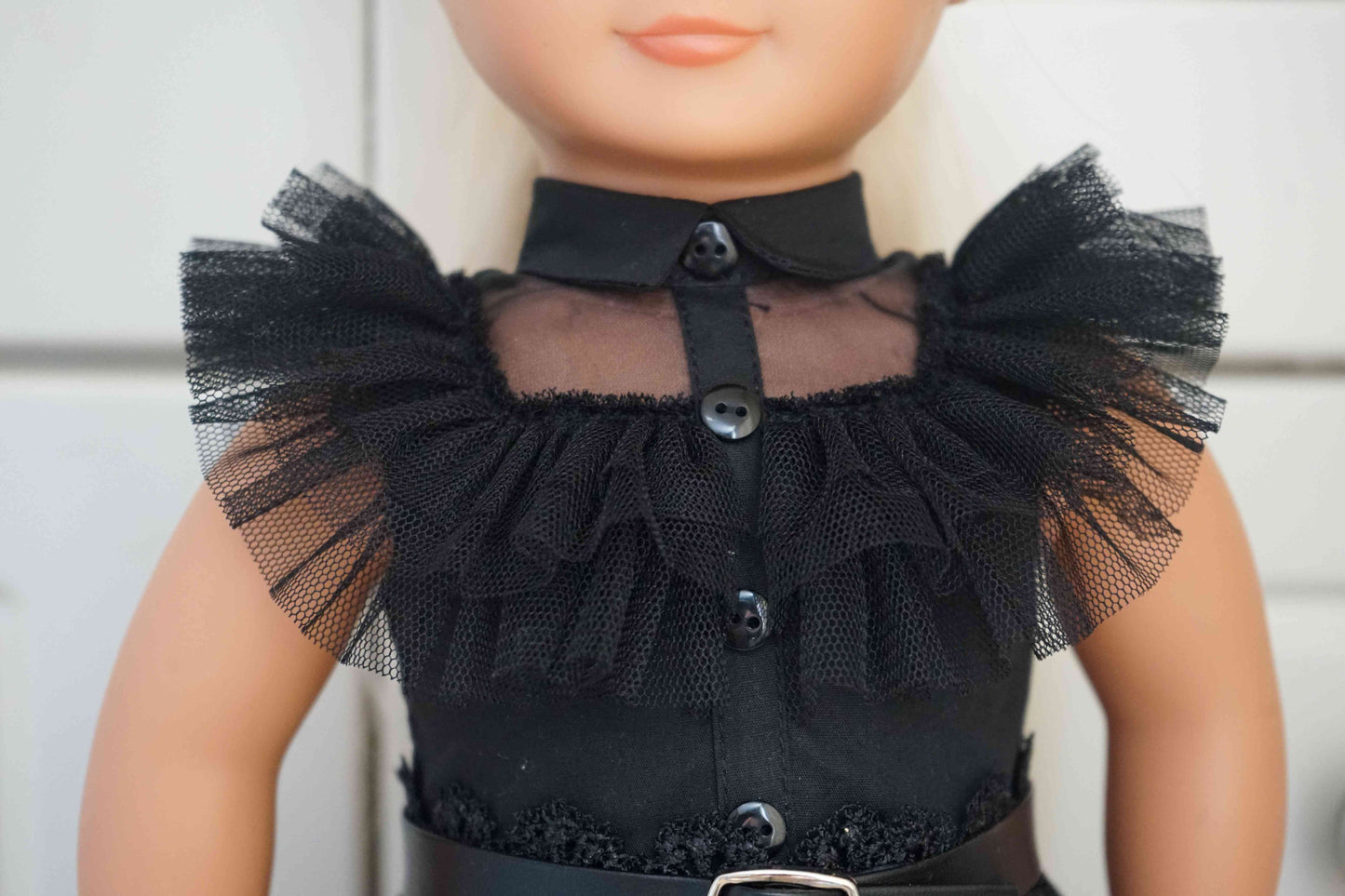 5Pcs Wednesday Costume Halloween Party Dress Gothic Black Tiered Tulle Dress Set for 18 Inch Dolls