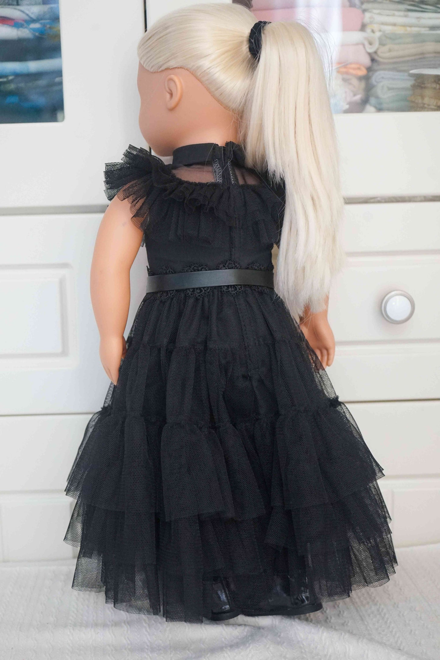5Pcs Wednesday Costume Halloween Party Dress Gothic Black Tiered Tulle Dress Set for 18 Inch Dolls