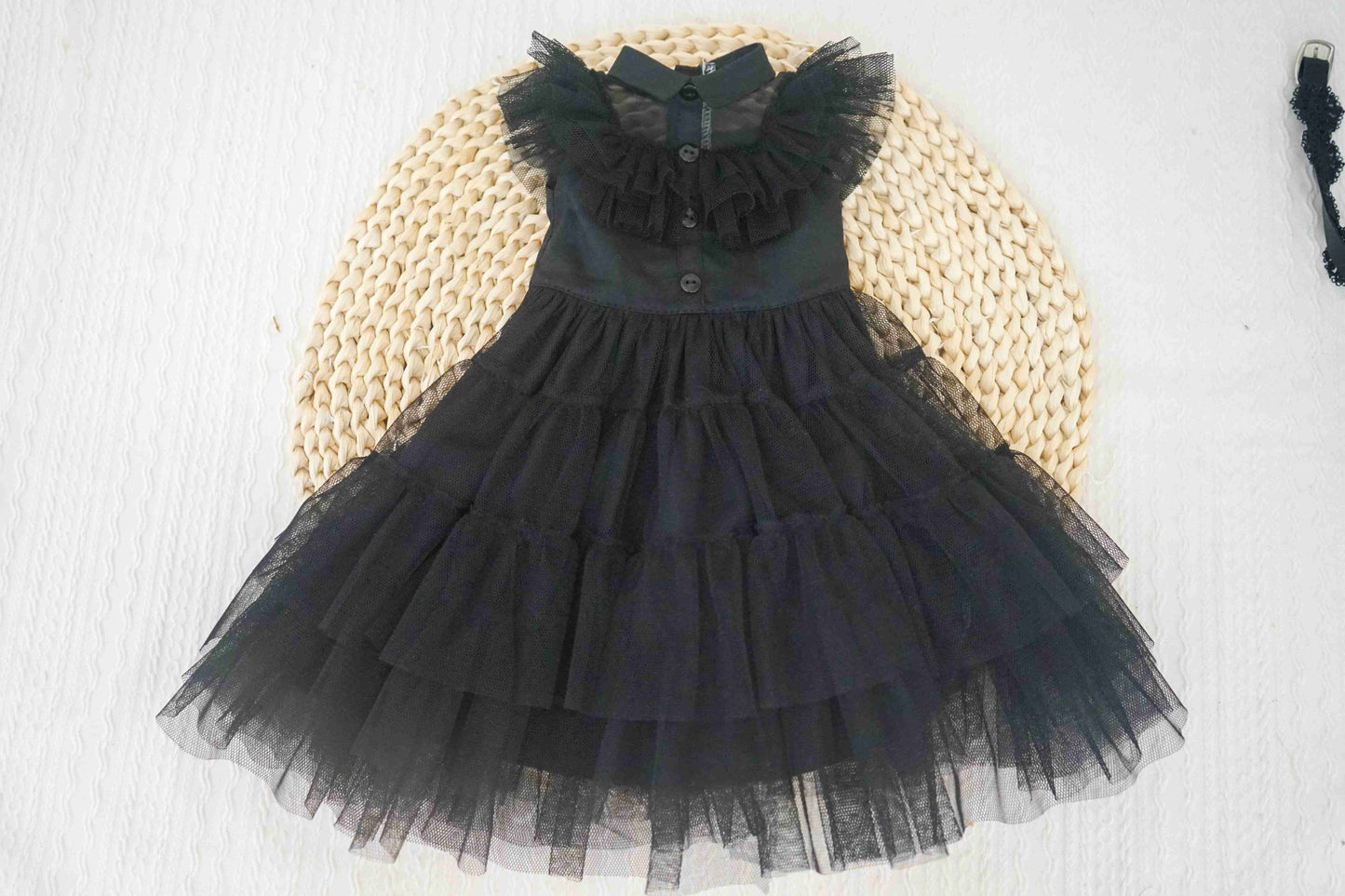 5Pcs Wednesday Costume Halloween Party Dress Gothic Black Tiered Tulle Dress Set for 18 Inch Dolls