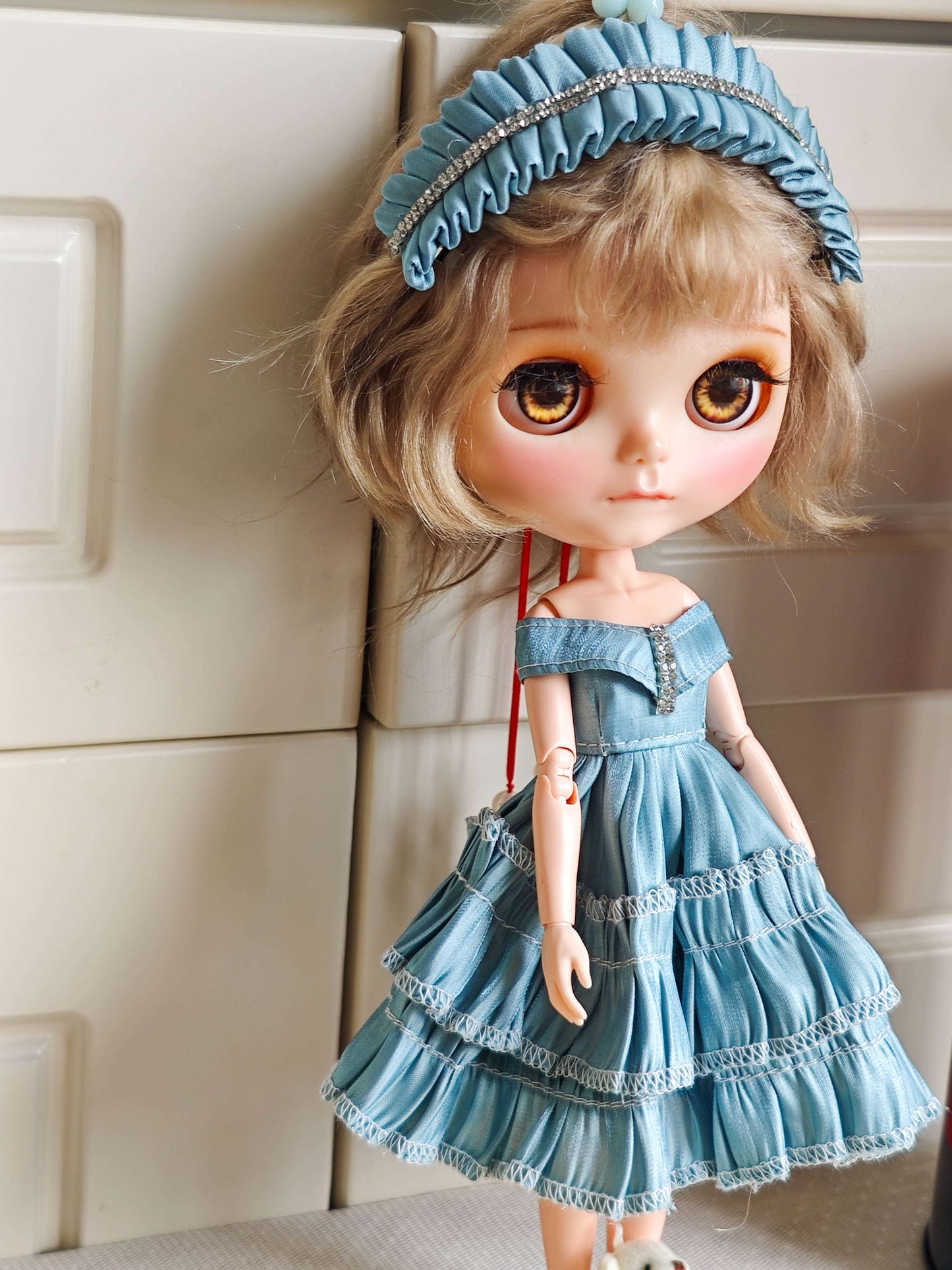 Blue Satin Off-Shoulder Doll Dress Blythe Outfit | Handmade Doll Clothes for OB22 & OB24