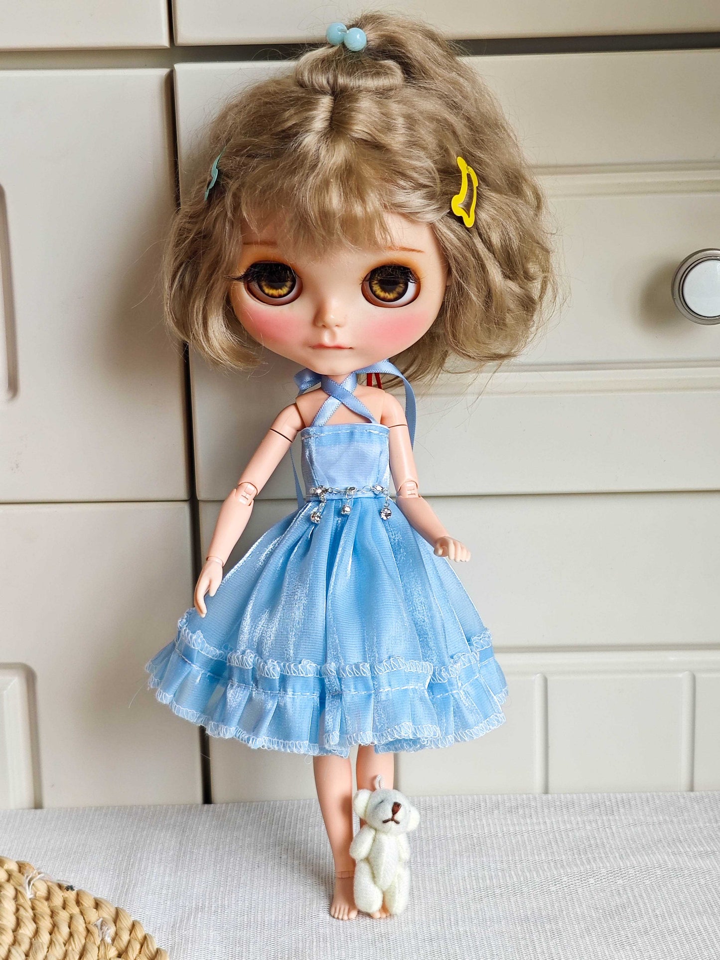 Blue Cross-Strap Ruffle Doll Dress Blythe Outfit | Handmade Doll Clothes for OB22 & OB24