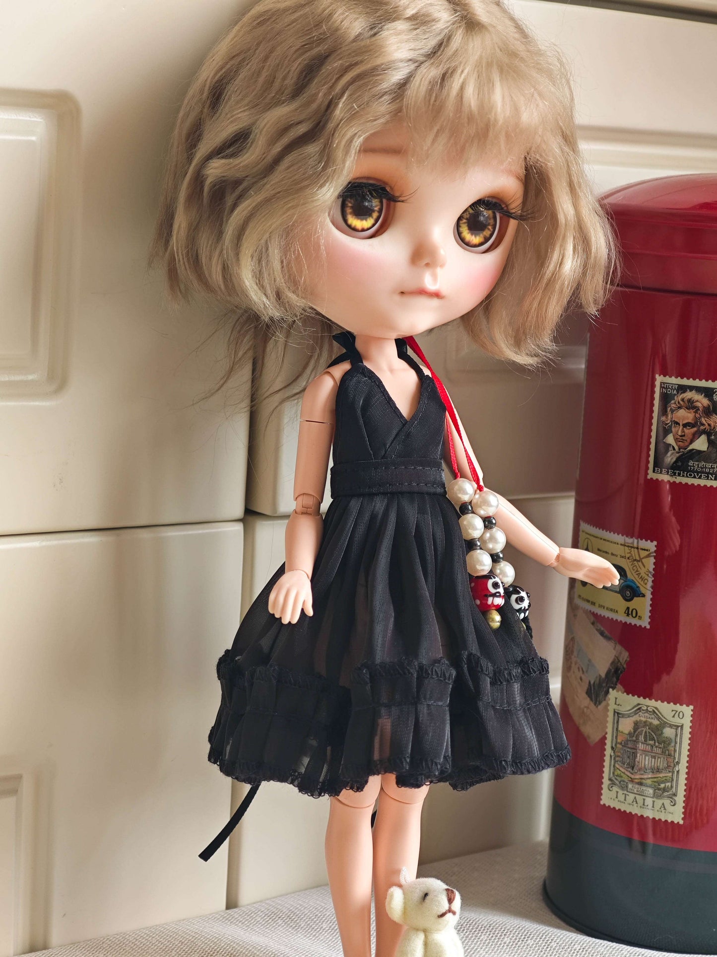 Black V-Neck Layered Ruffle Doll Dress Blythe Outfit | Handmade Doll Clothes for OB22 & OB24