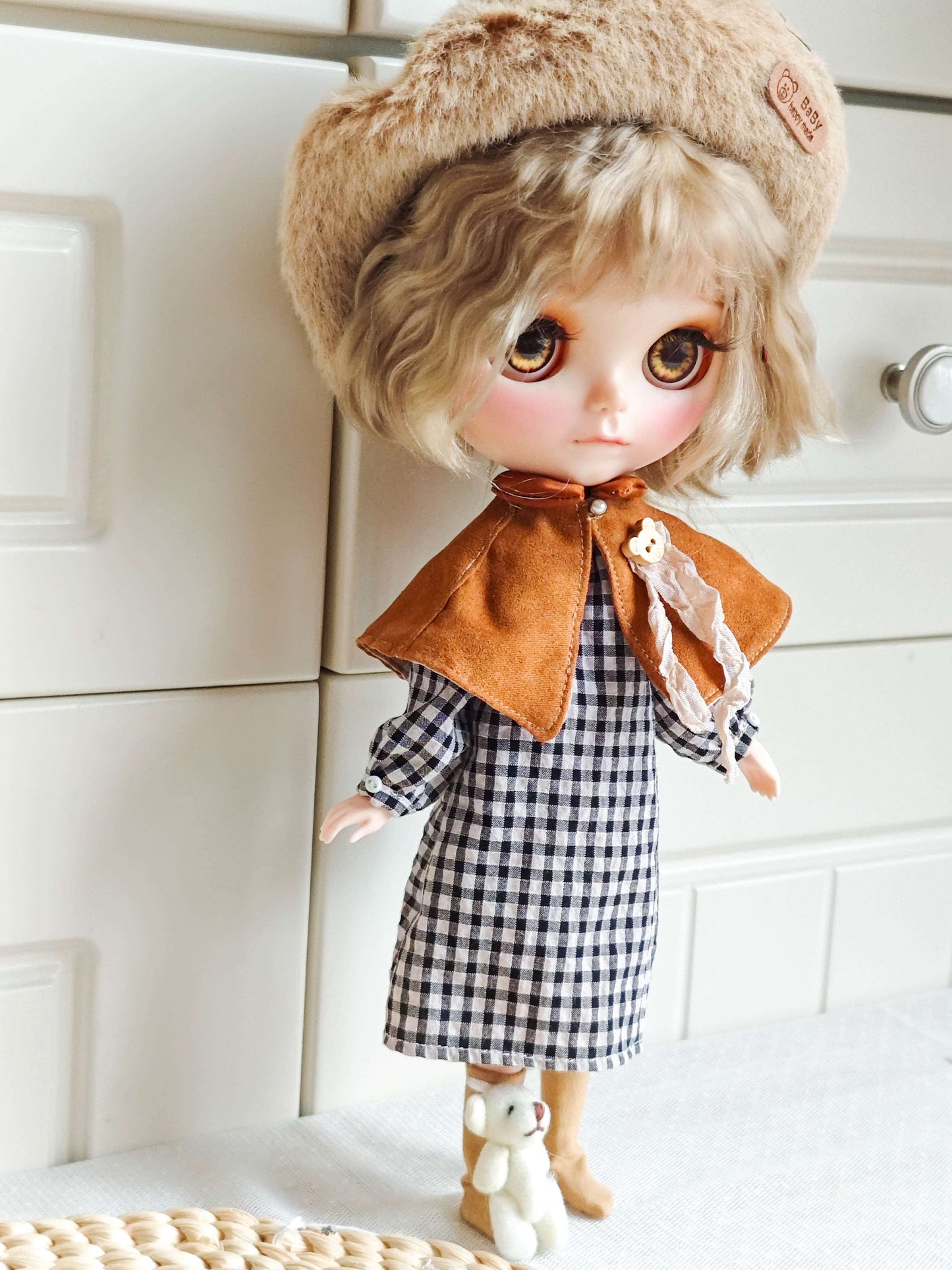 Plaid Dress with Beret & Cape Set  Blythe Outfit | Handmade Doll Clothes for OB22 & OB24