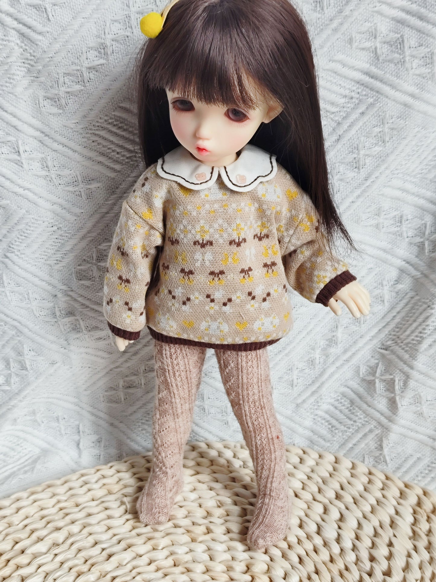 Cat Jacquard Knit Sweater and Polka Dot Tights Set for 1/6 BJD YoSD Dolls, Handmade Peter Pan Collar Doll Outfit