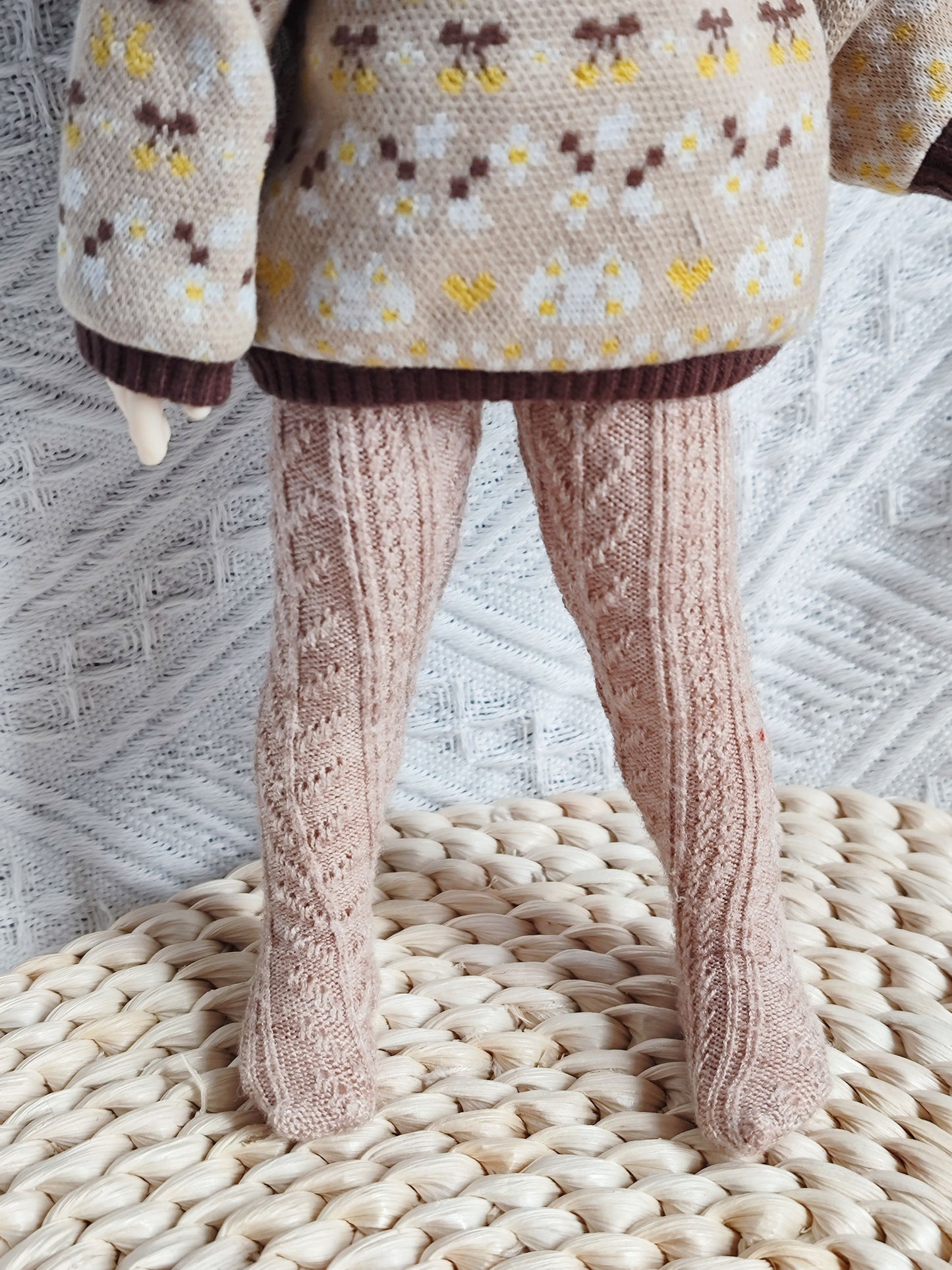 Cat Jacquard Knit Sweater and Polka Dot Tights Set for 1/6 BJD YoSD Dolls, Handmade Peter Pan Collar Doll Outfit