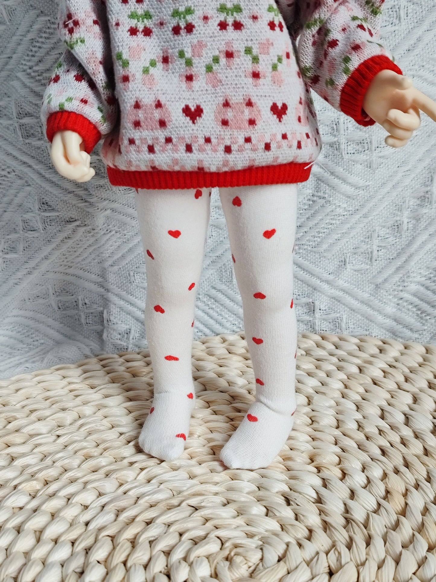 Cat Jacquard Knit Sweater and Polka Dot Tights Set for 1/6 BJD YoSD Dolls, Handmade Peter Pan Collar Doll Outfit