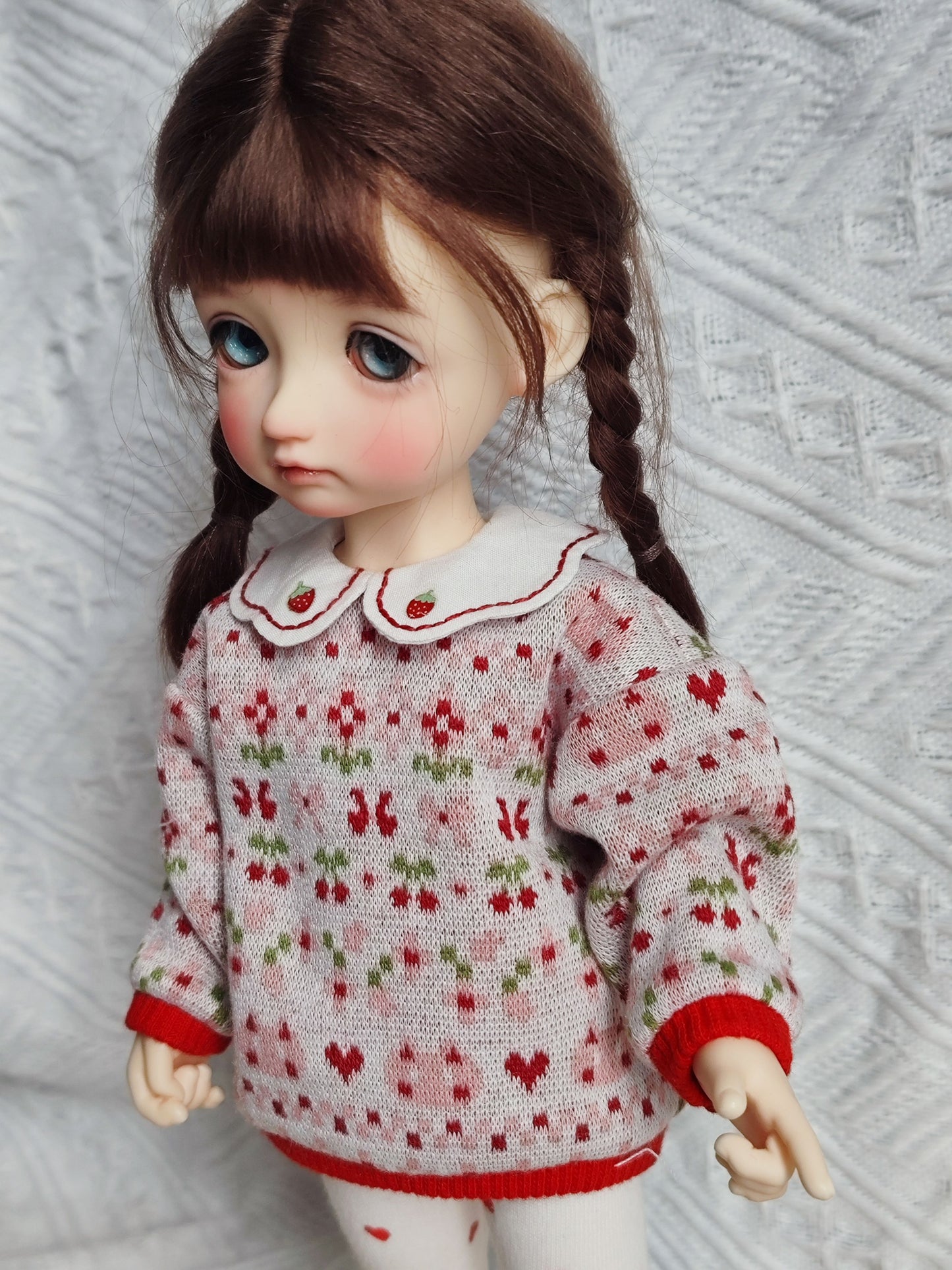 Cat Jacquard Knit Sweater and Polka Dot Tights Set for 1/6 BJD YoSD Dolls, Handmade Peter Pan Collar Doll Outfit