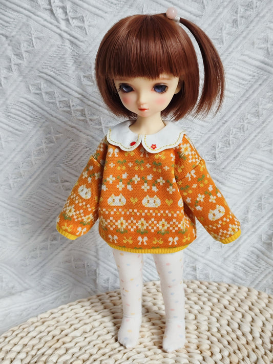 Cat Jacquard Knit Sweater and Polka Dot Tights Set for 1/6 BJD YoSD Dolls, Handmade Peter Pan Collar Doll Outfit