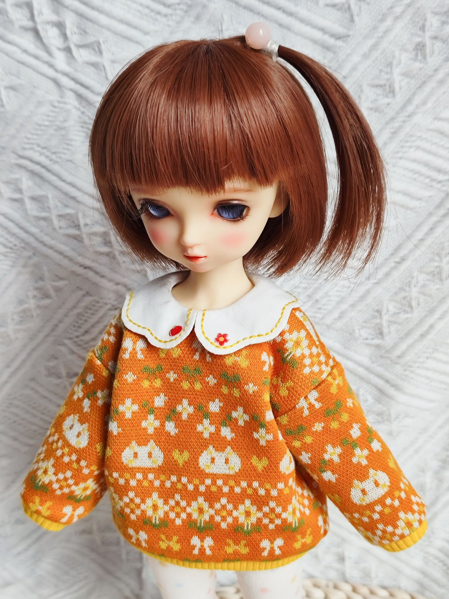 Cat Jacquard Knit Sweater and Polka Dot Tights Set for 1/6 BJD YoSD Dolls, Handmade Peter Pan Collar Doll Outfit
