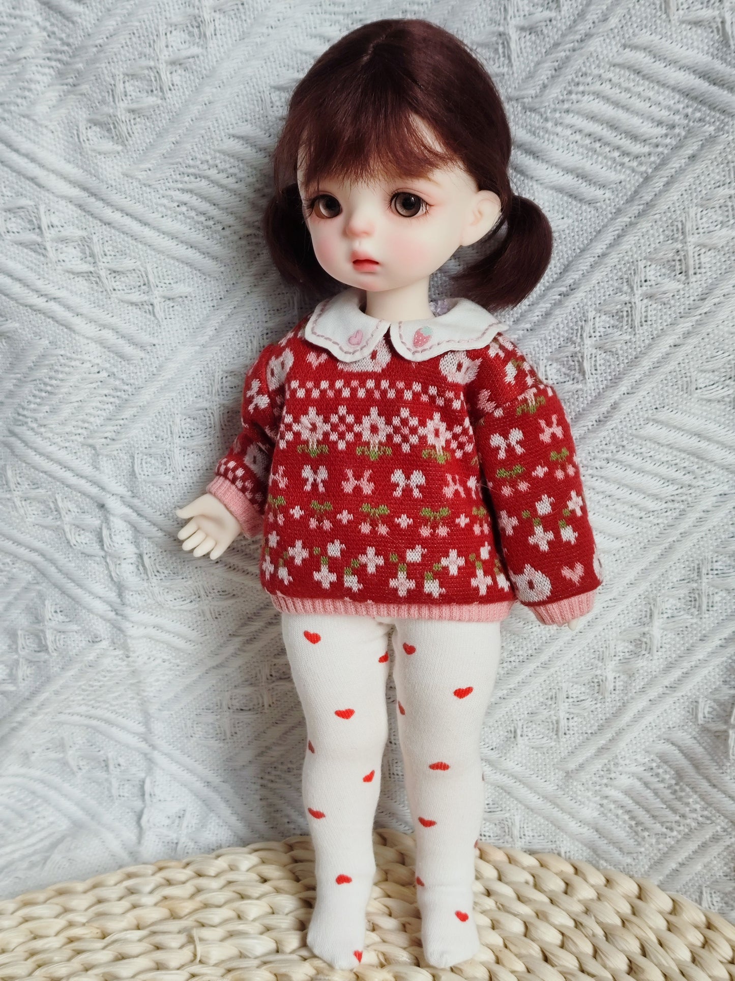 Cat Jacquard Knit Sweater and Polka Dot Tights Set for 1/6 BJD YoSD Dolls, Handmade Peter Pan Collar Doll Outfit