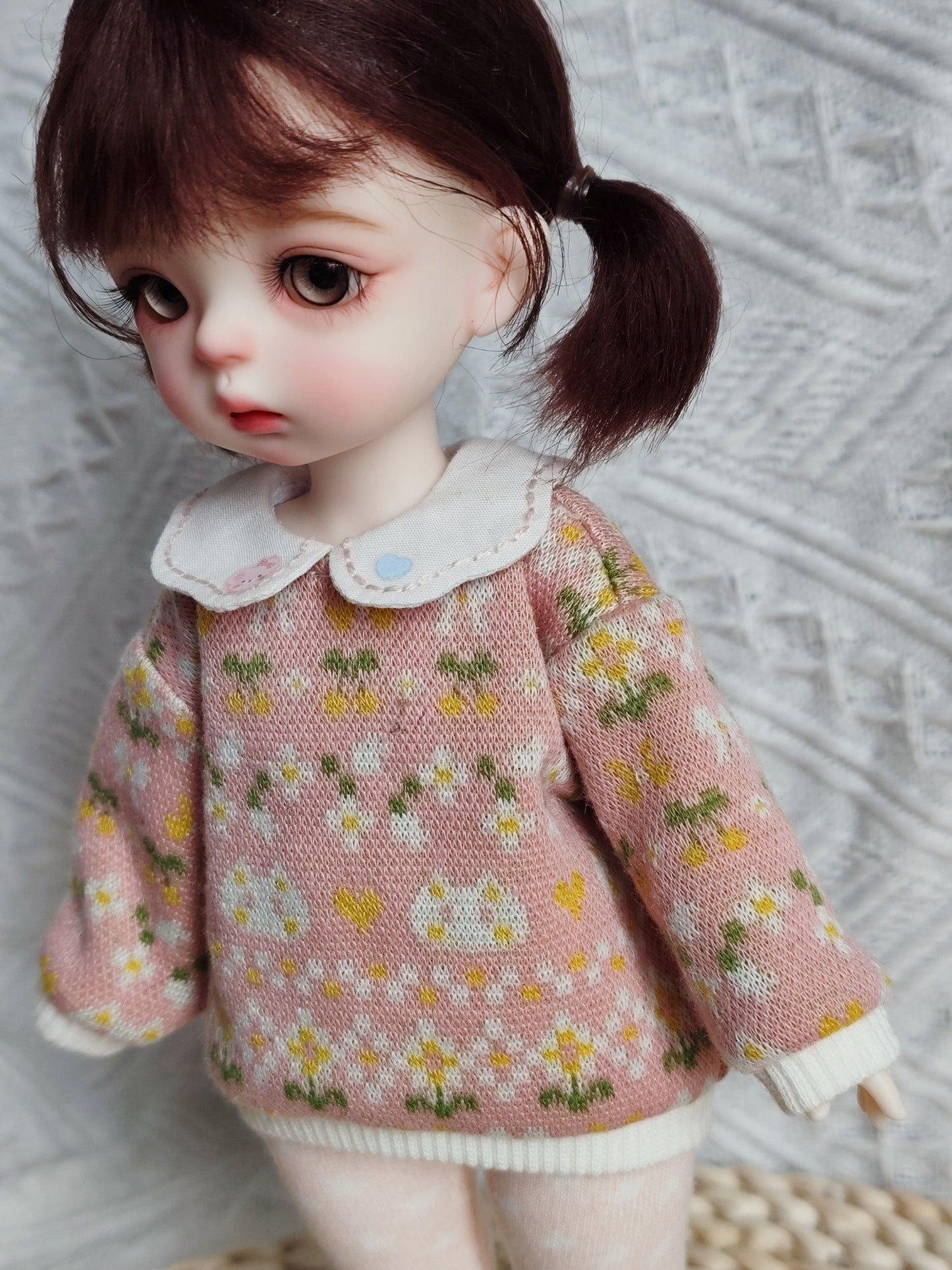Cat Jacquard Knit Sweater and Polka Dot Tights Set for 1/6 BJD YoSD Dolls, Handmade Peter Pan Collar Doll Outfit