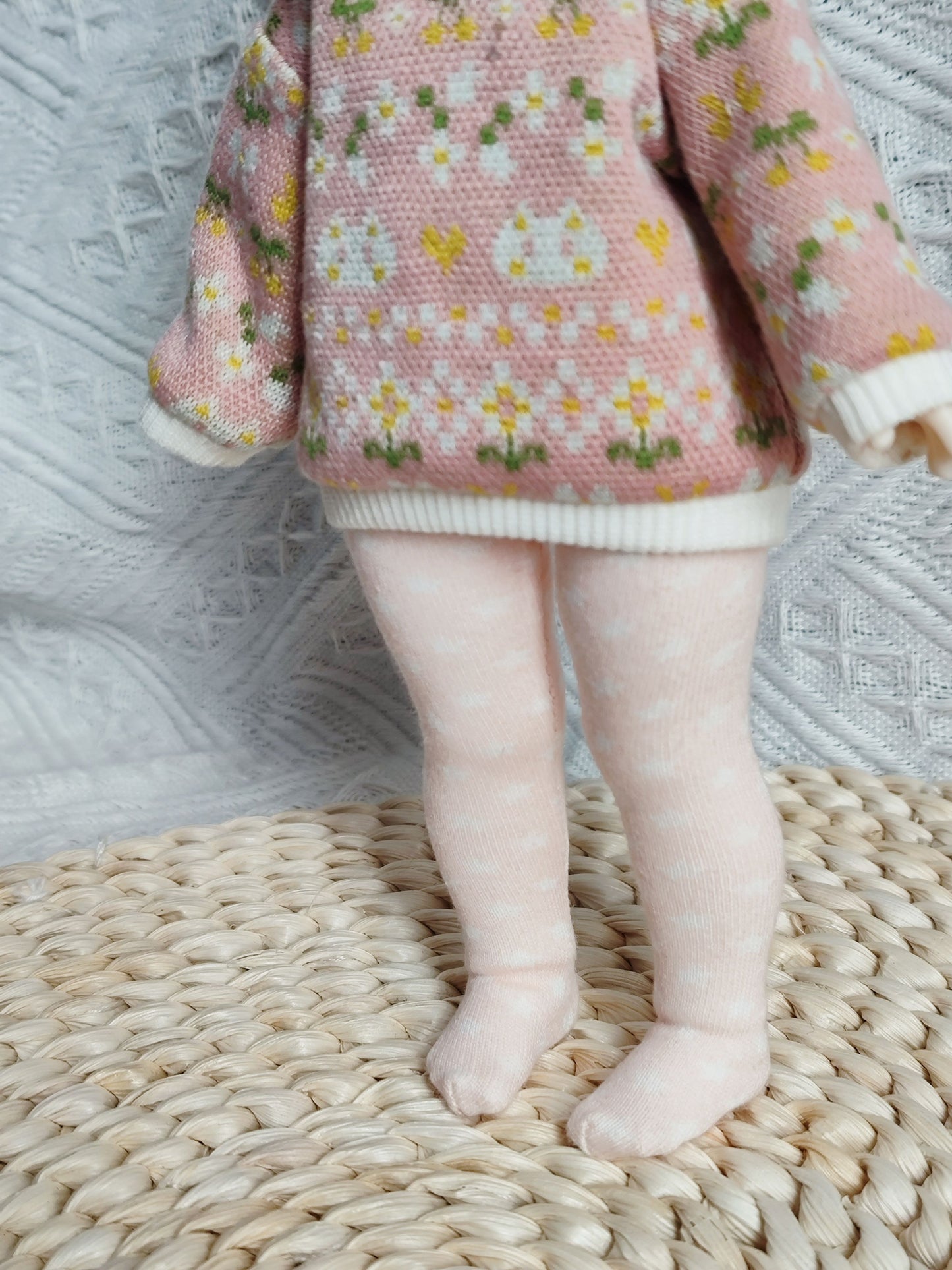 Cat Jacquard Knit Sweater and Polka Dot Tights Set for 1/6 BJD YoSD Dolls, Handmade Peter Pan Collar Doll Outfit