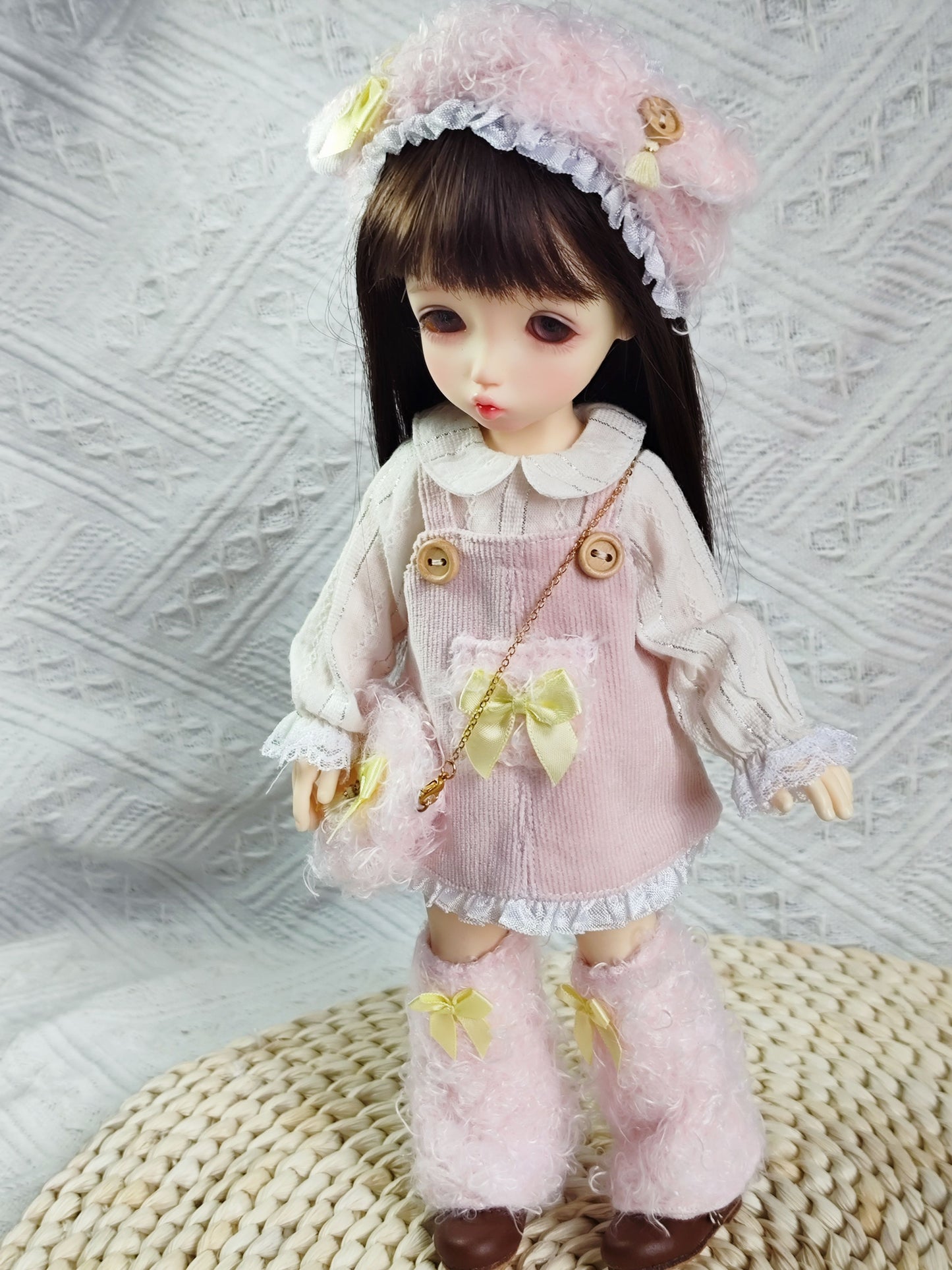 Coquette Fluffy Corduroy Pinafore and Wide Leg Pants Set for 1/6 BJD YoSD Dolls, Handmade Pink Bow Doll Outfit with Furry Headband