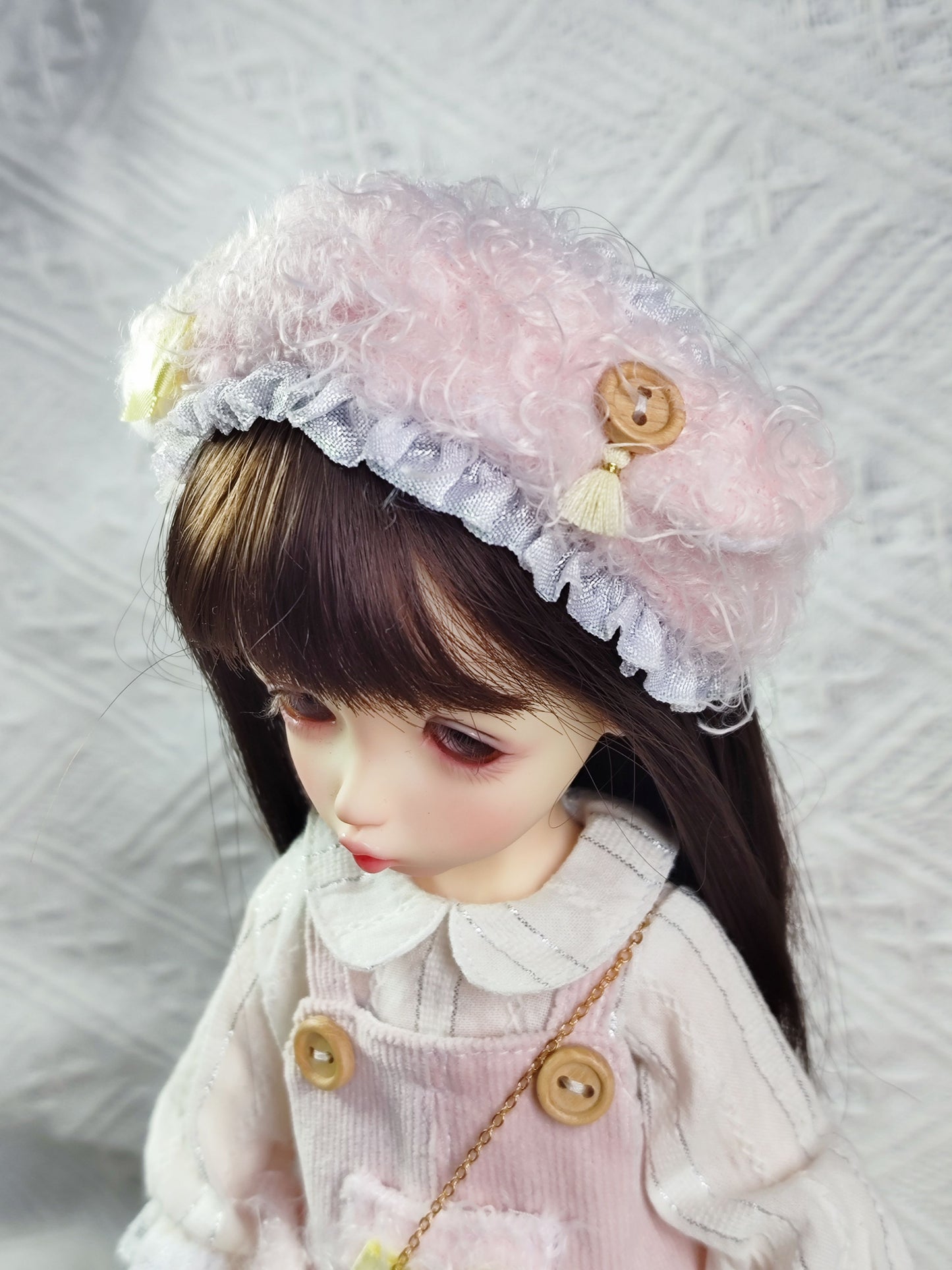 Coquette Fluffy Corduroy Pinafore and Wide Leg Pants Set for 1/6 BJD YoSD Dolls, Handmade Pink Bow Doll Outfit with Furry Headband