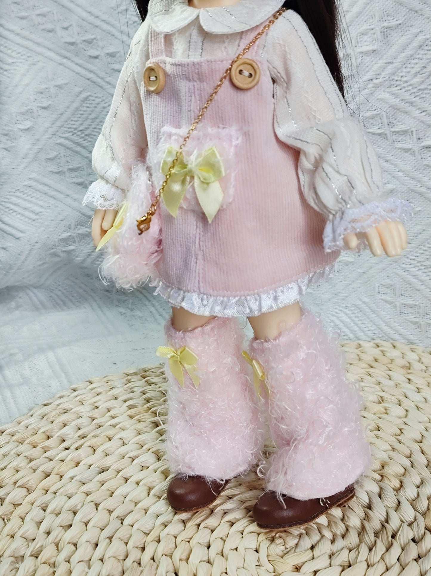Coquette Fluffy Corduroy Pinafore and Wide Leg Pants Set for 1/6 BJD YoSD Dolls, Handmade Pink Bow Doll Outfit with Furry Headband