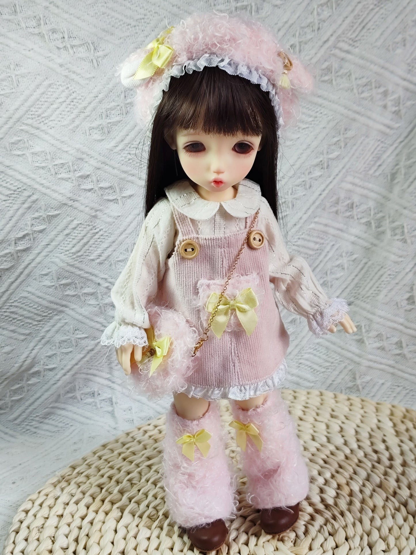 Coquette Fluffy Corduroy Pinafore and Wide Leg Pants Set for 1/6 BJD YoSD Dolls, Handmade Pink Bow Doll Outfit with Furry Headband