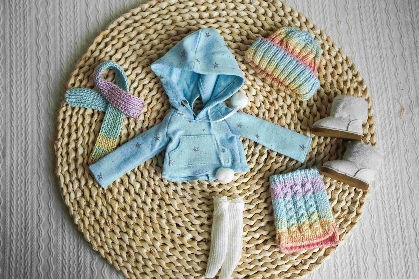 Blue variant of handmade pastel rainbow knit winter set for BJD.