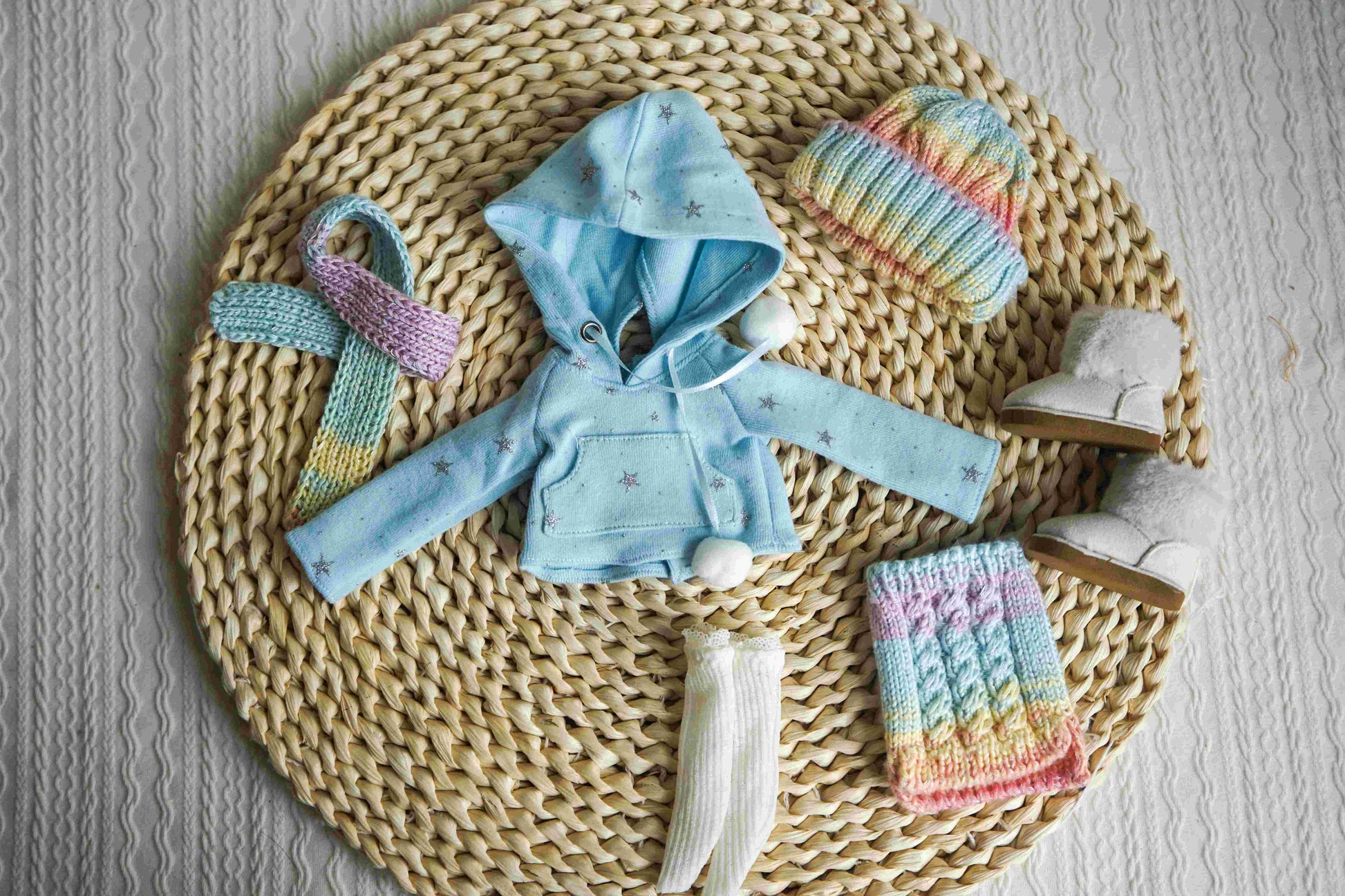 Blue variant of handmade pastel rainbow knit winter set for BJD.