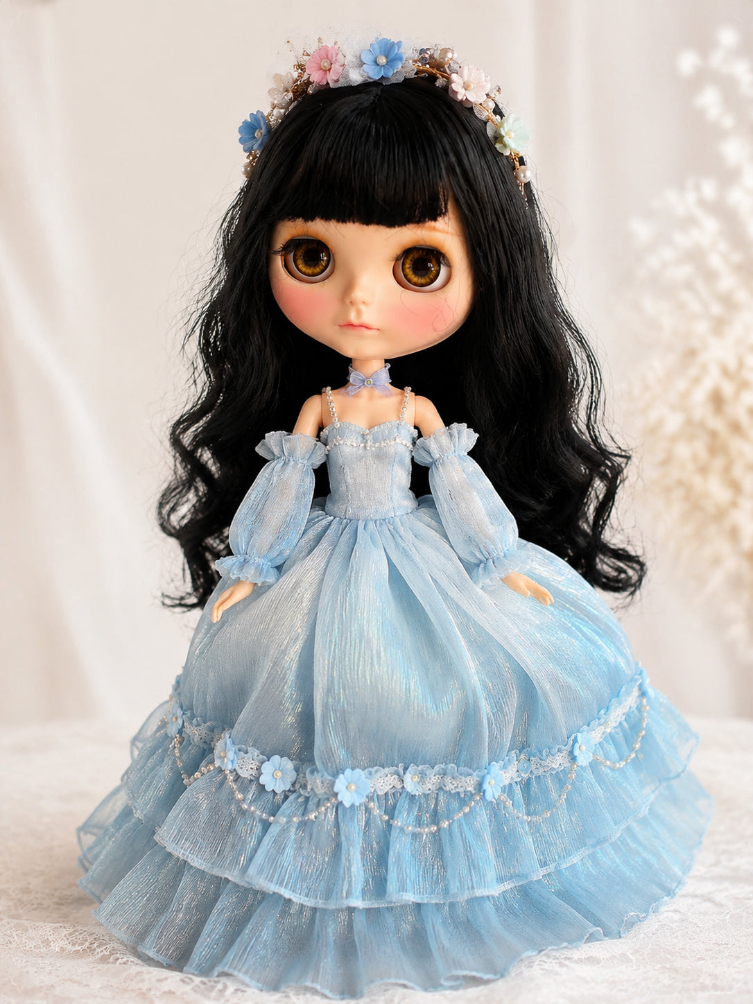 Blythe doll clothes, handmade fairy princess blue tulle dress, front view.