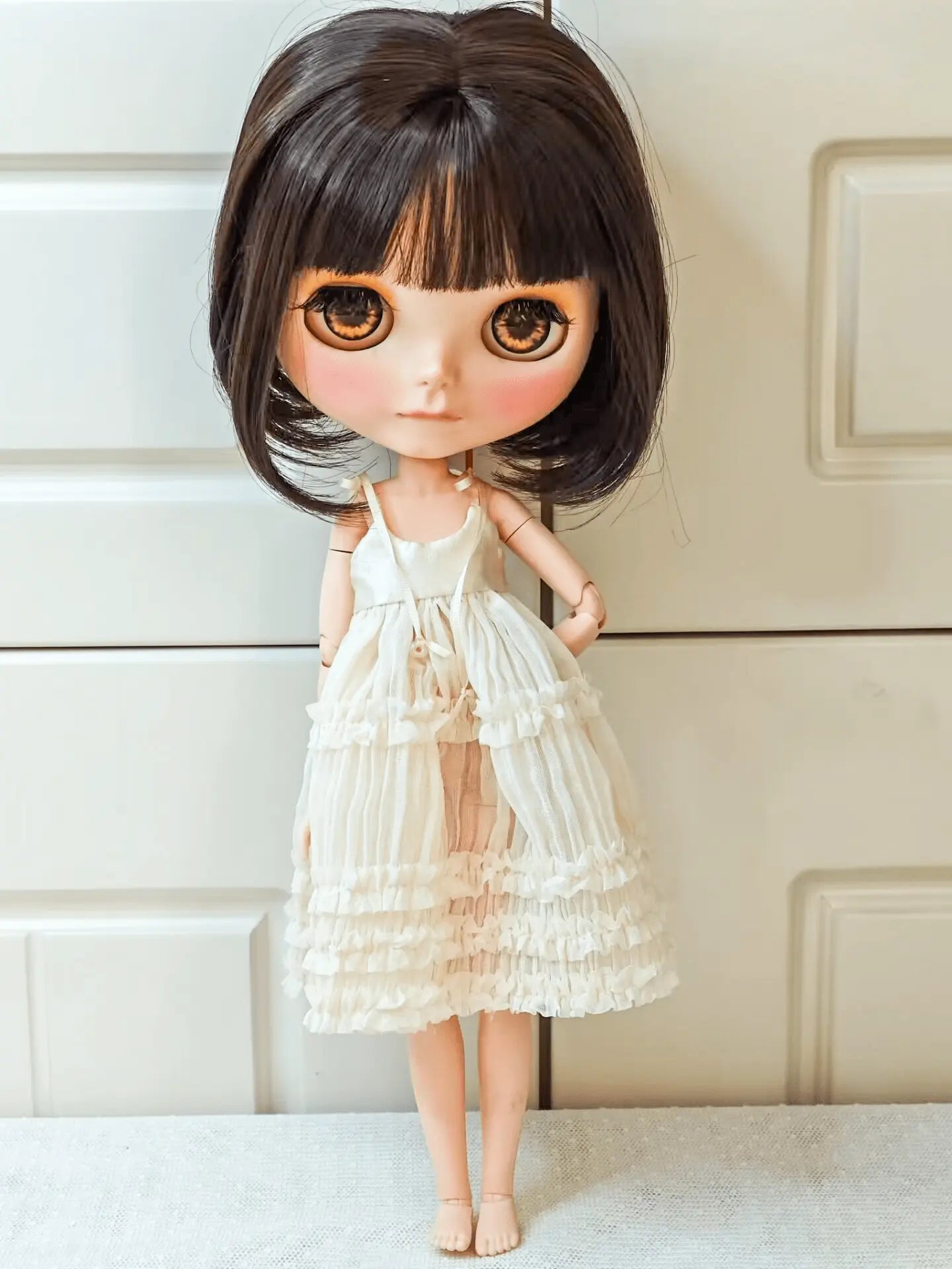 Boho Ivory Tiered Ruffle Wedding Dress for Neo Blythe and OB22/OB24 doll.