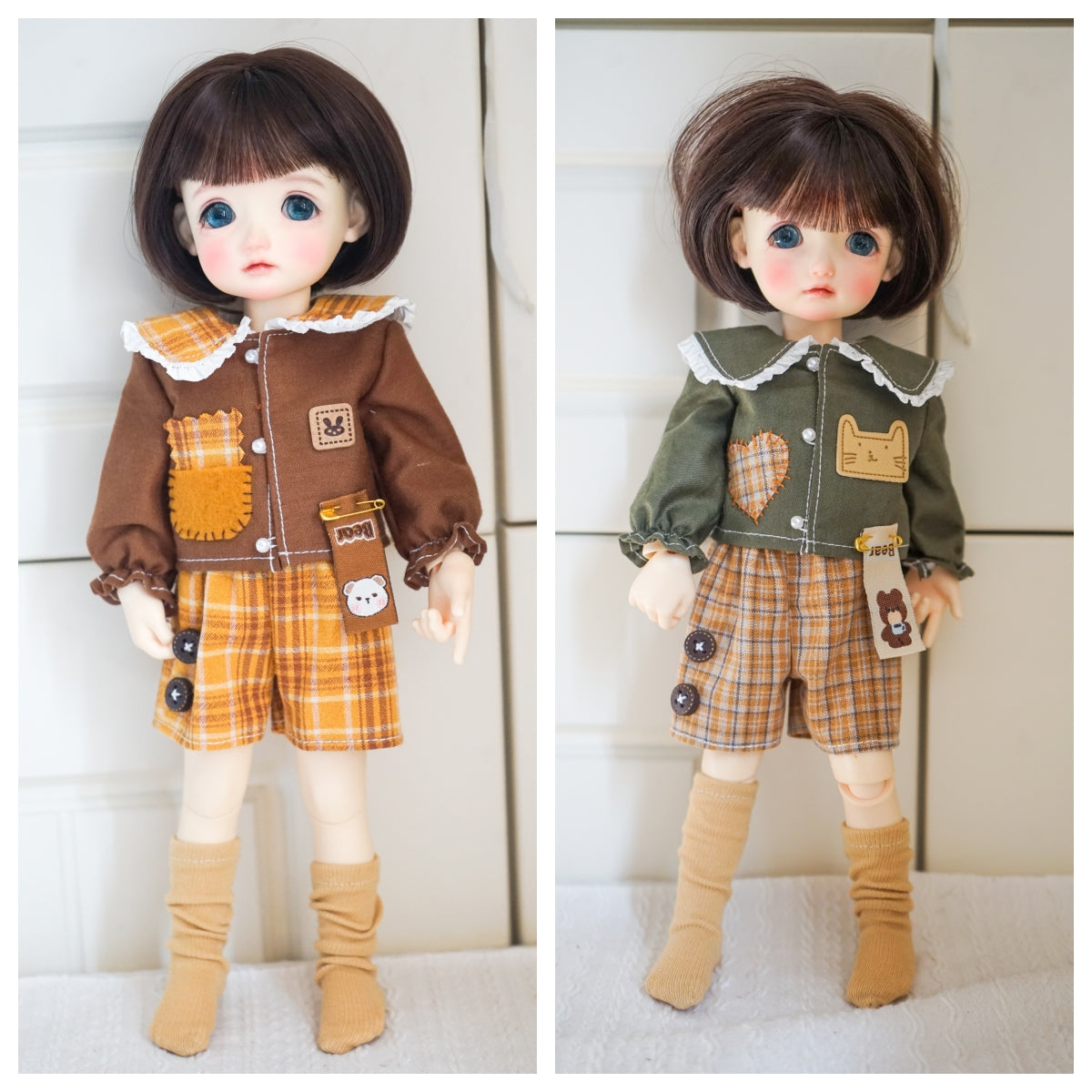 Comparison of green and yellow cat patch shirt and plaid shorts sets.