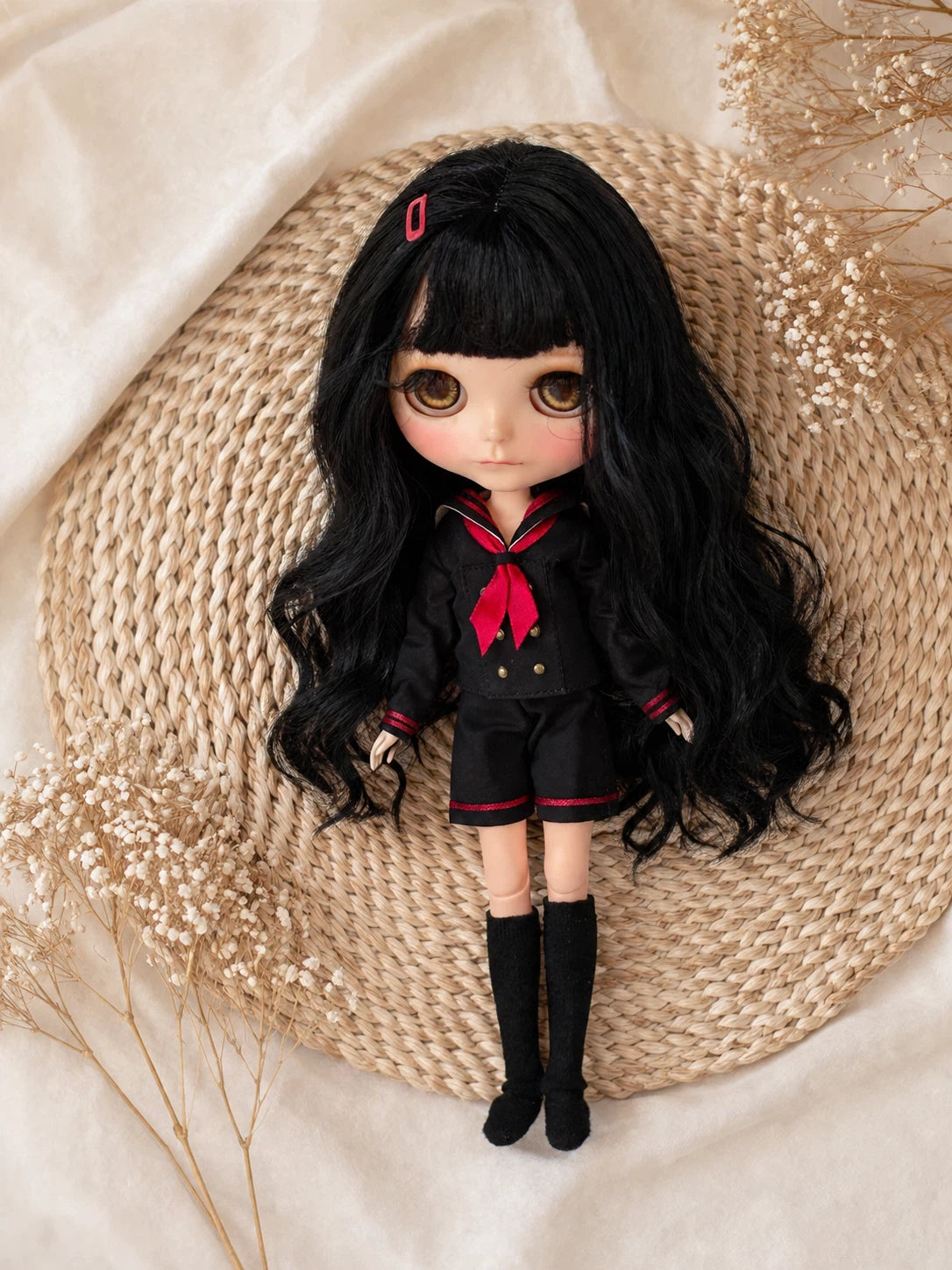Japanese School Uniform for Blythe Obitsu22 Obitsu24, Handmade Black Sailor Collar Doll Outfit with Red Ribbon and Shorts