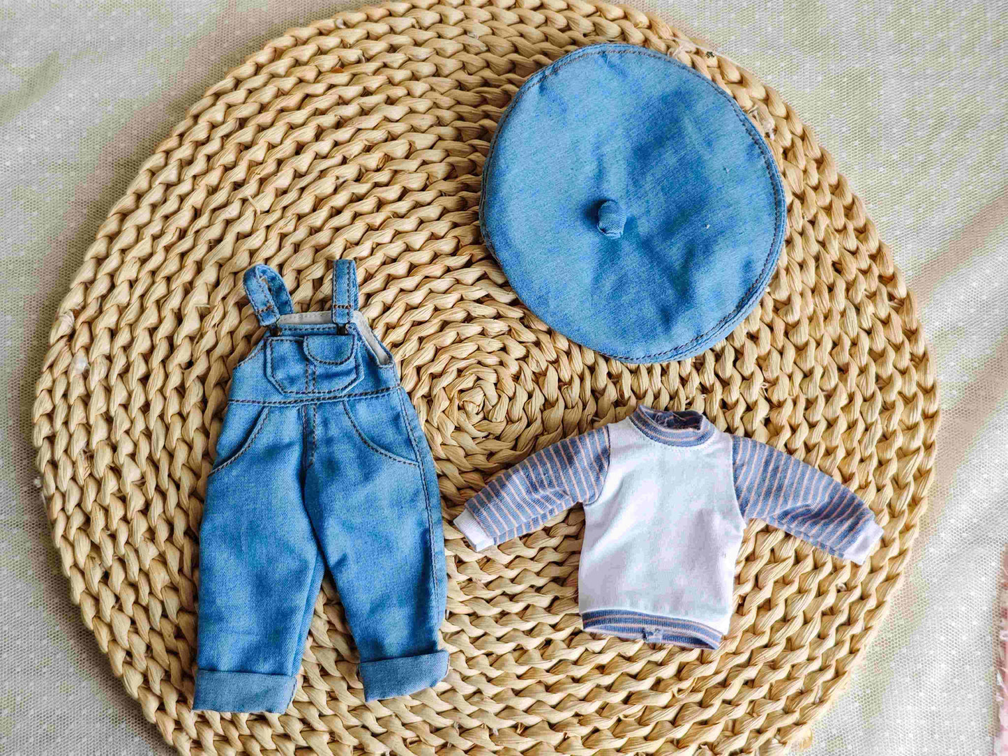 Flat lay display of the 3-piece French Artist Denim Overalls and Beret set for Blythe dolls.