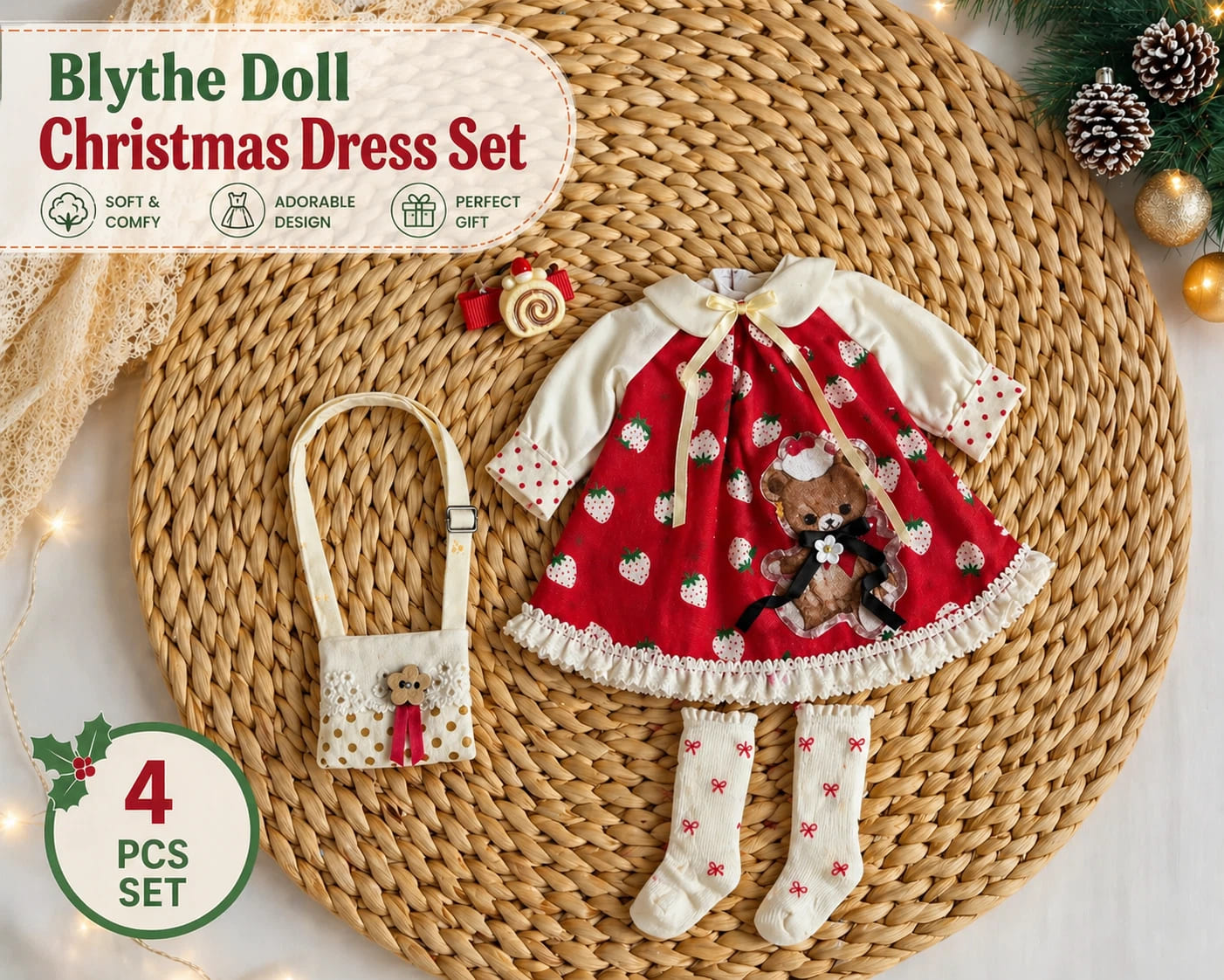 Flat lay display of the 4-piece Strawberry Teddy Bear Christmas dress set for Blythe and OB22/OB24.