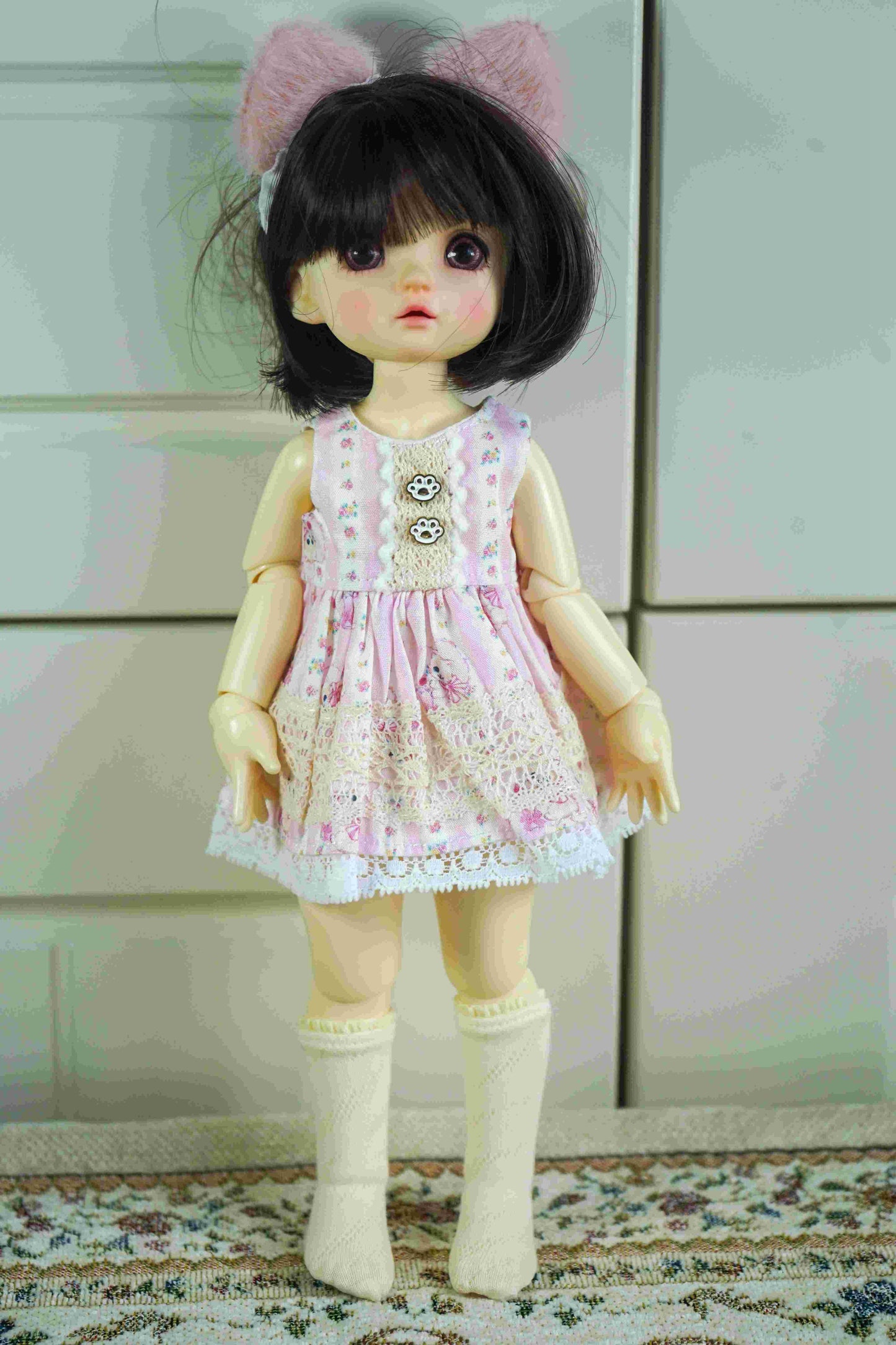 Front view of the inner floral pinafore dress for 1/6 BJD YoSD dolls.