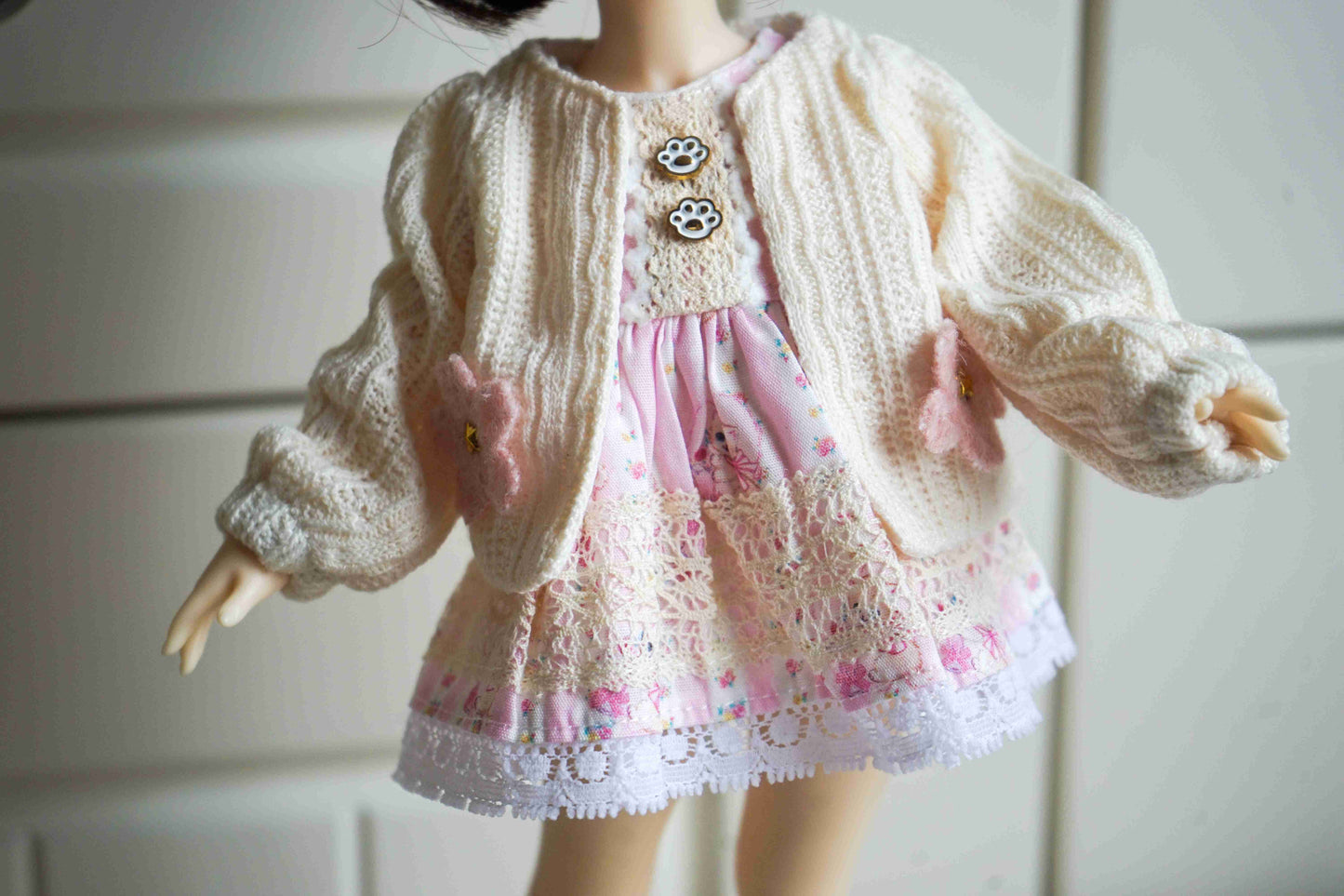 Detail view of the floral pinafore dress outfit for 1/6 BJD YoSD dolls.