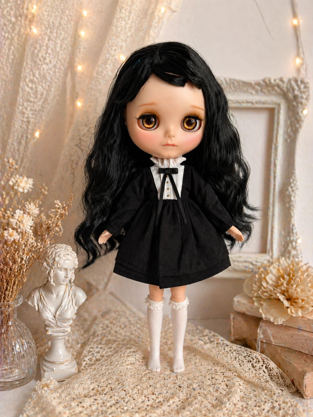 Elegant Vintage Gothic Black Dress outfit for Neo Blythe doll, front display.