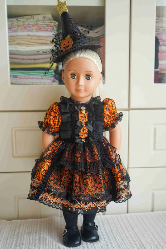 18 inch doll wearing a handmade gothic pumpkin witch Halloween dress set.