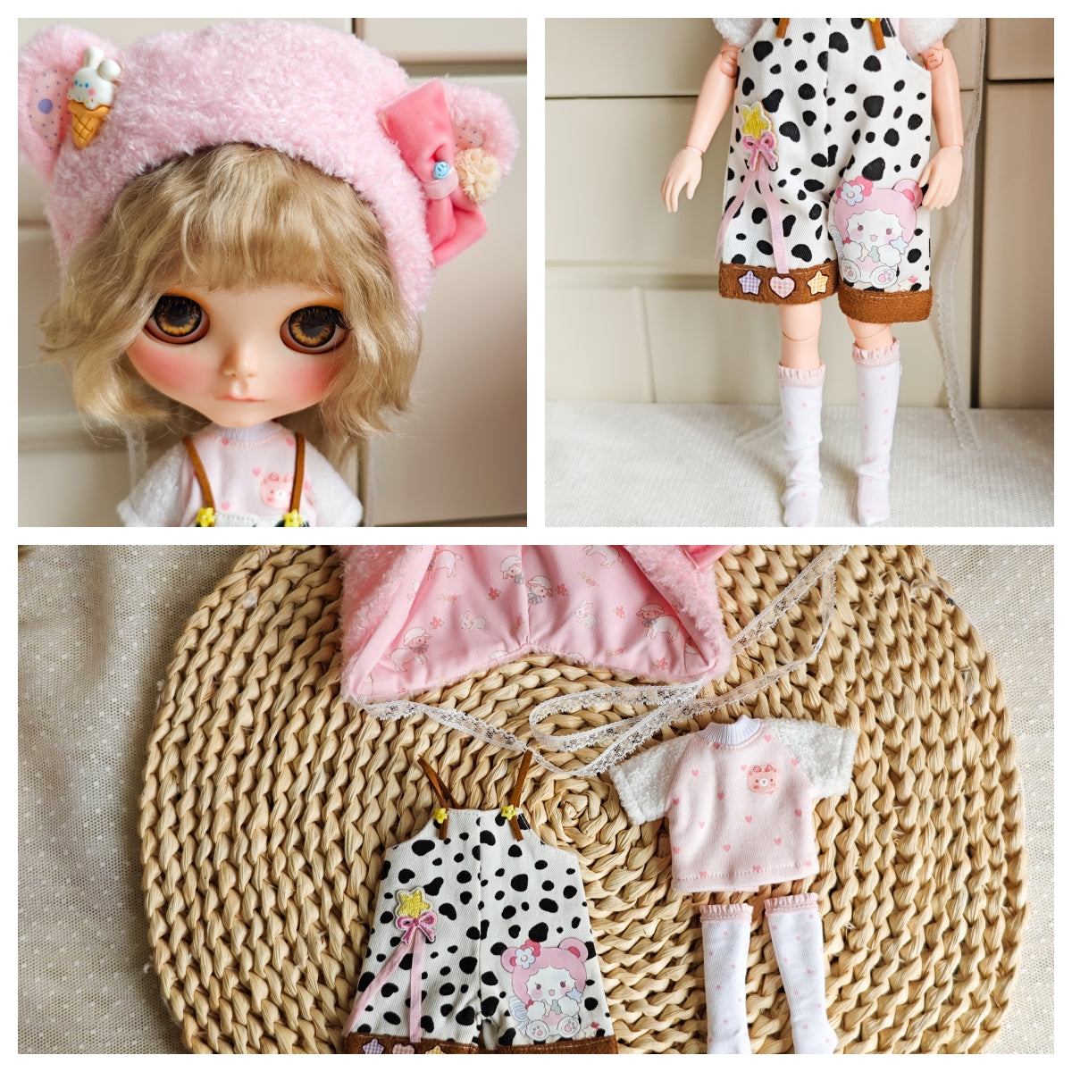 A high-resolution compilation image displaying multiple viewing angles of the handmade Kawaii Pink Bear fleece doll outfit trousers set for Neo Blythe collectors.