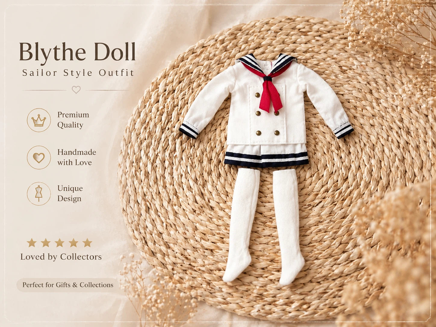 Flat lay photography of Neo Blythe OB22 OB24 handmade gothic school outfit set.