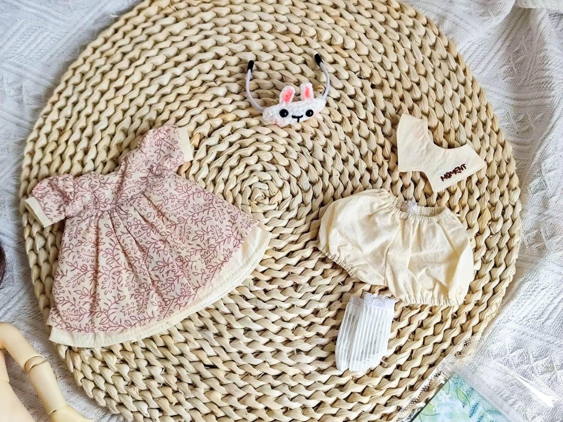 Pink leaf print Peter Pan collar dress outfit flat lay for 1/6 BJD