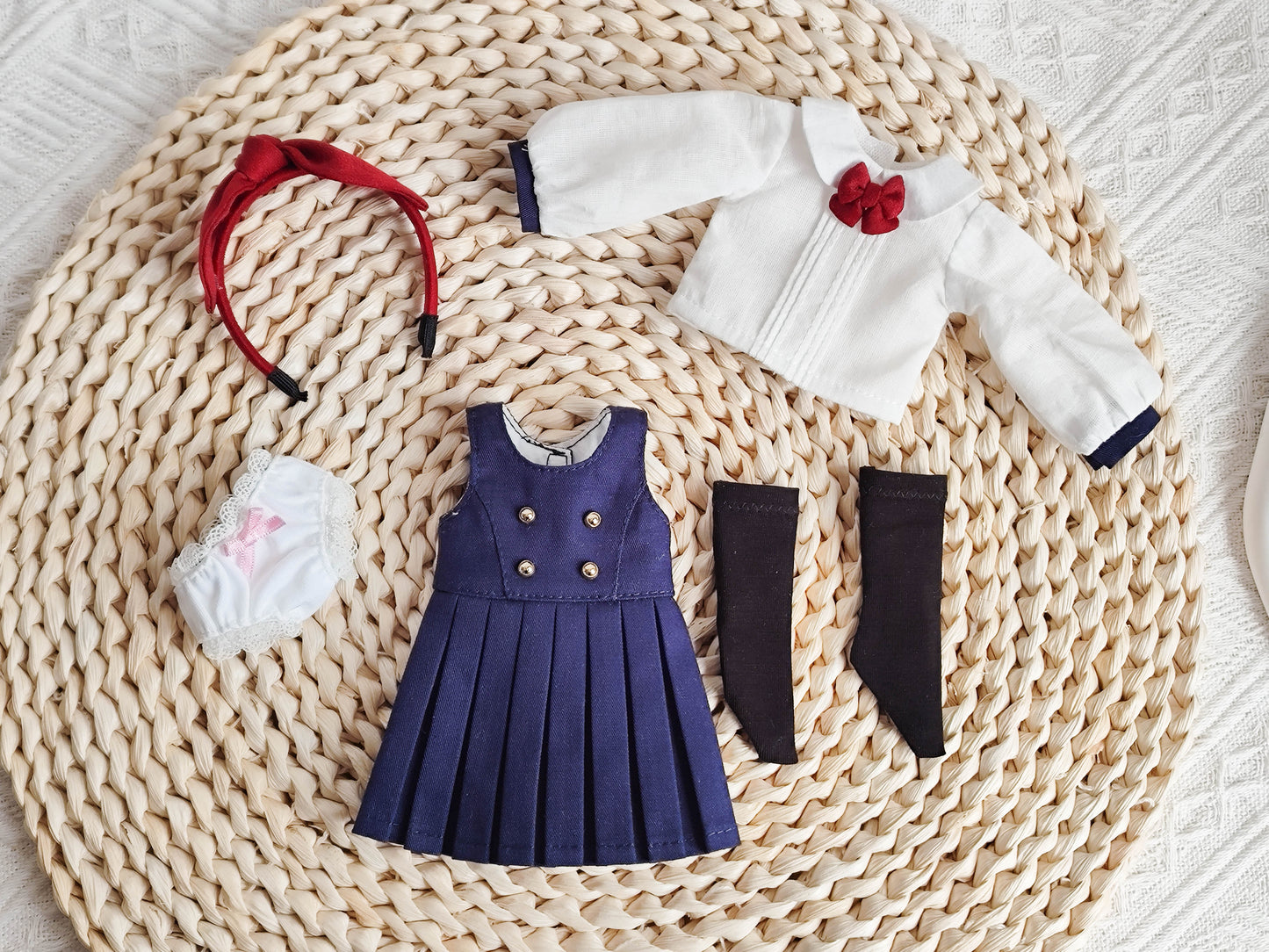 Handmade school uniform shirt and pleated skirt flat lay for 1/6 BJD YOSD