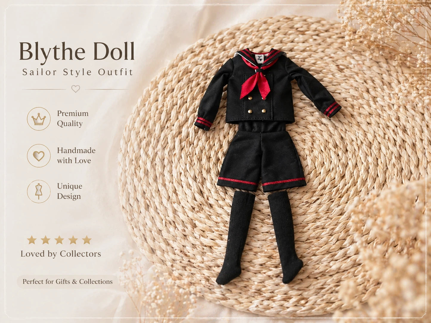 Japanese School Uniform for Blythe Obitsu22 Obitsu24, Handmade Black Sailor Collar Doll Outfit with Red Ribbon and Shorts