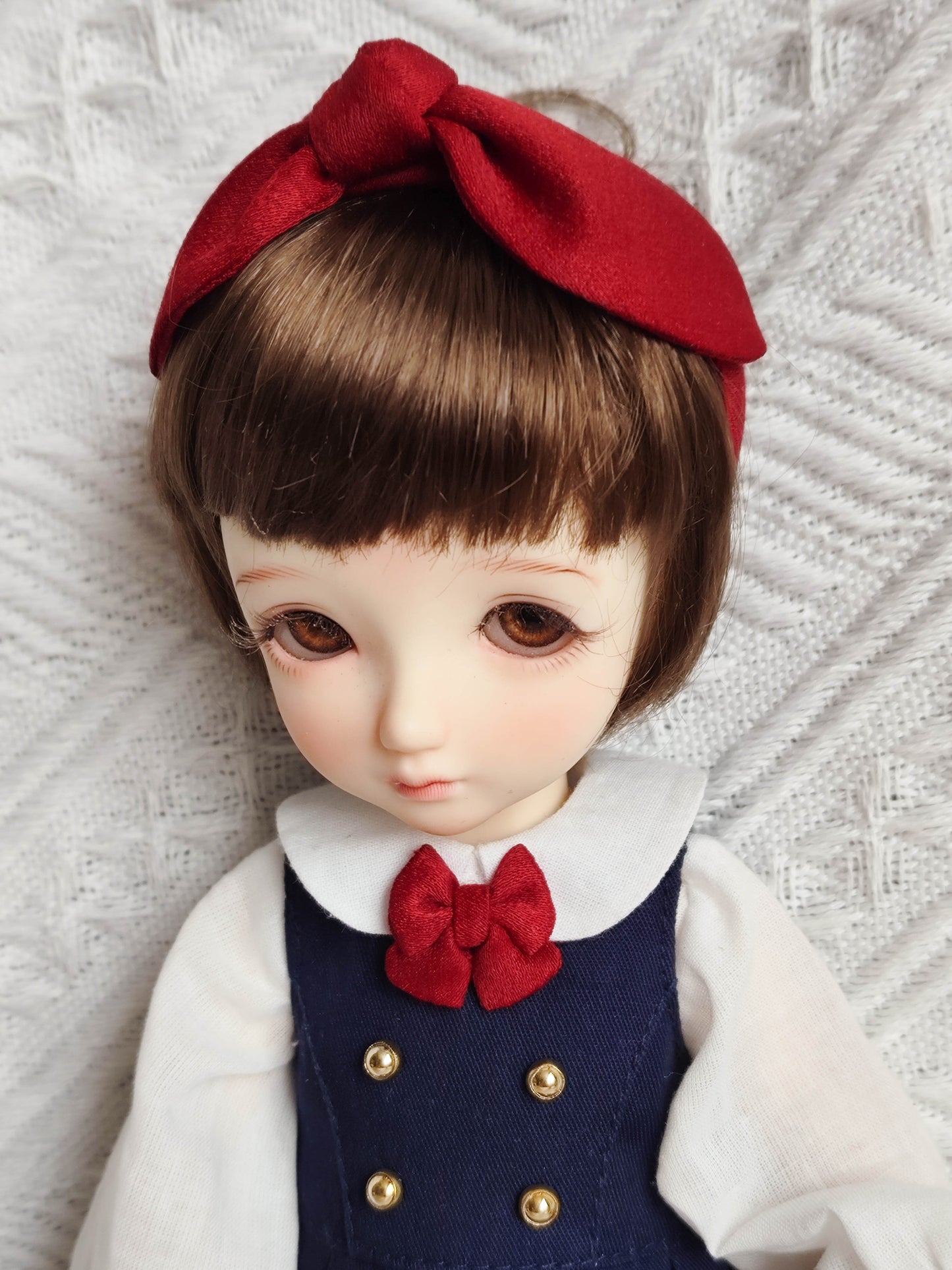 Close up of handmade school uniform shirt detail for 1/6BJD doll.