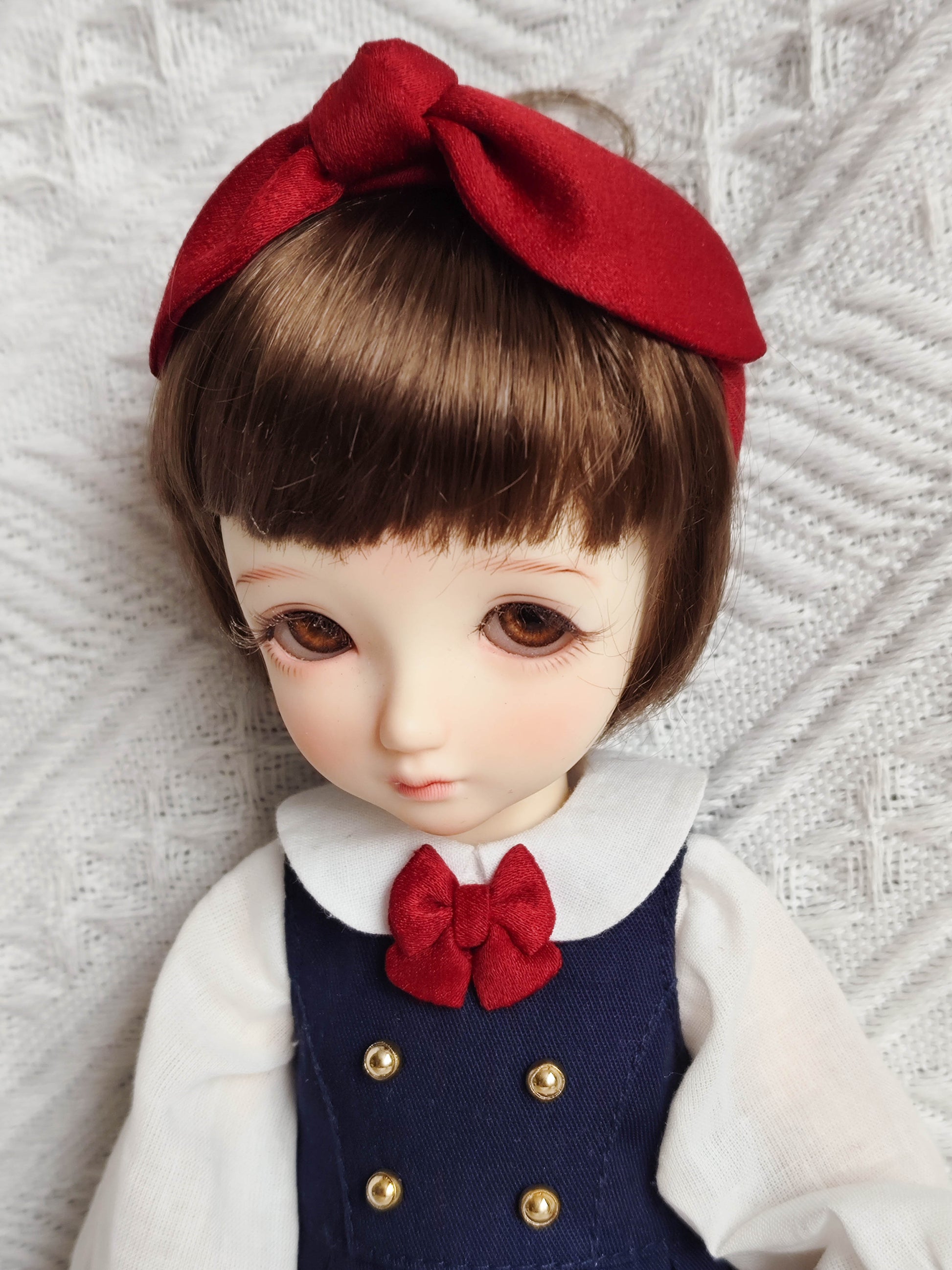 Close up of handmade school uniform shirt detail for 1/6BJD doll.